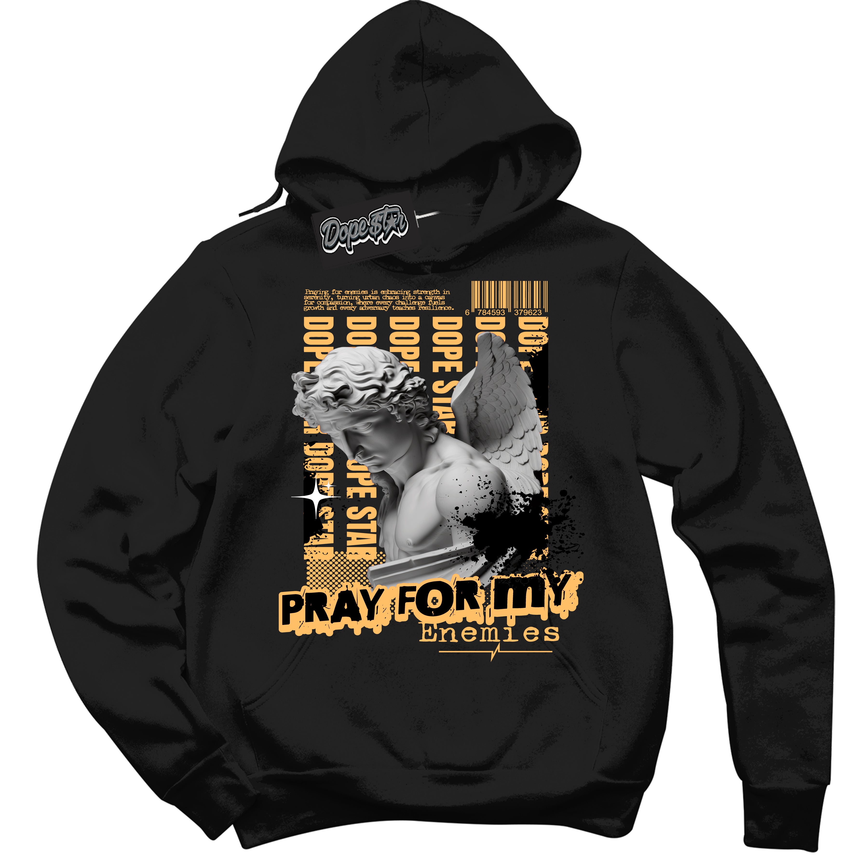 Cool Black Hoodie with “ Pray Enemies ”  design that Perfectly Matches Yellow Ochre 1s Sneakers.