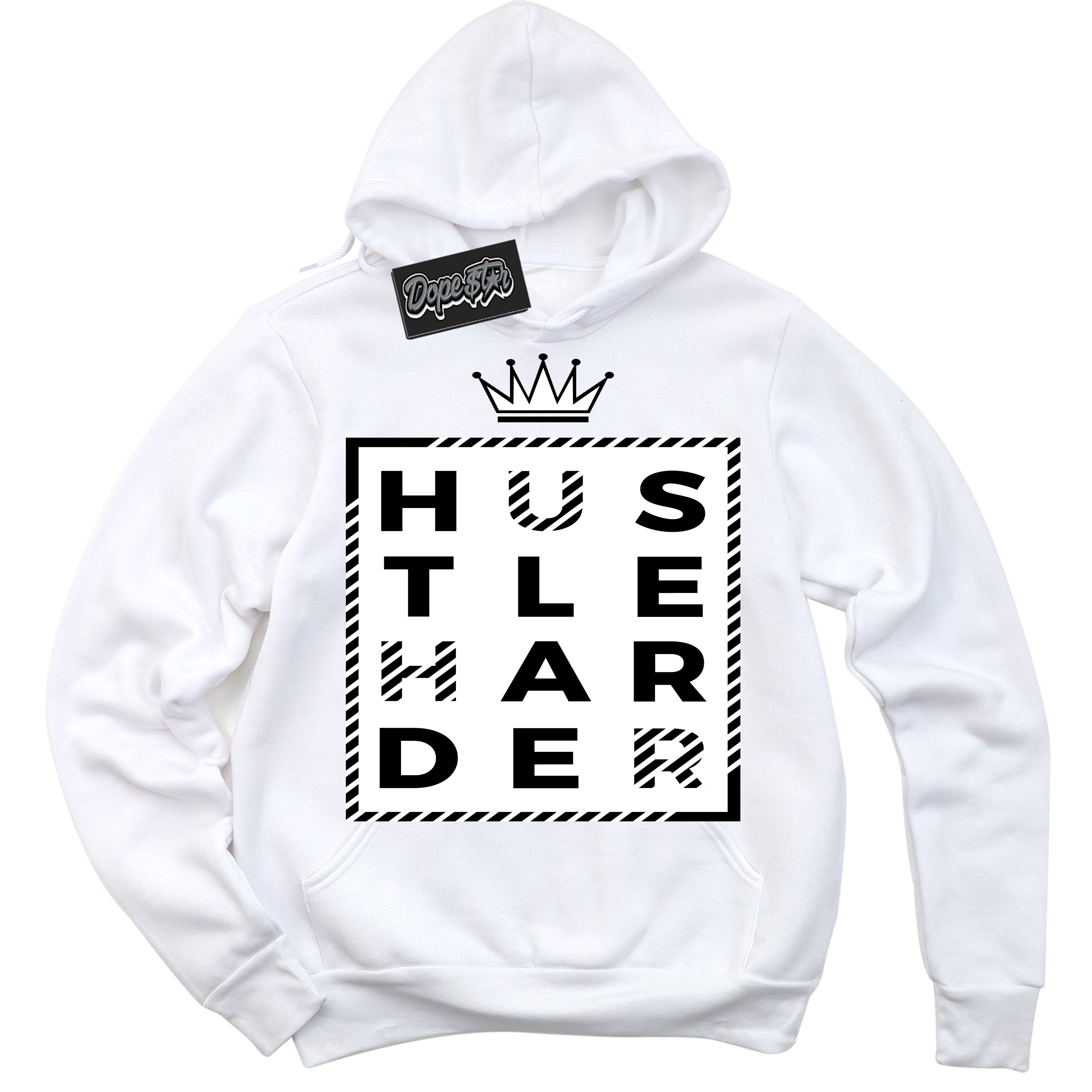 AJ1 Mid Off Noir Toe ‘Hustle Harder’ – White Streetwear Hoodie | Sneaker Matching sweatshirt for AJ1 Mid Off Noir Toe | Men's and Women's Streetwear Graphic Hoodie by Sneaker Shirts Outlet.