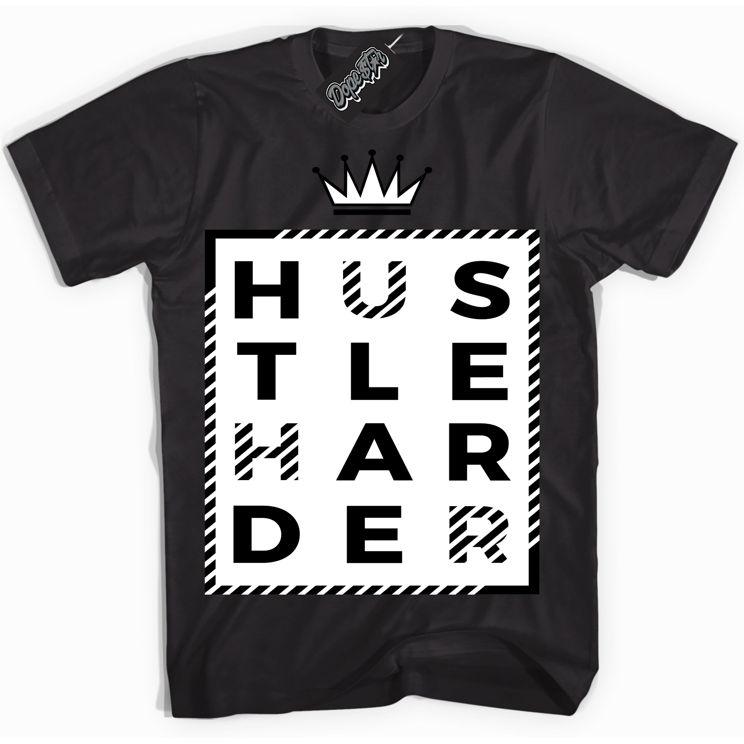 AJ1 Mid Off Noir Toe ‘Hustle Harder’ – Black Streetwear T-Shirt | Sneaker Matching shirt for AJ1 Mid Off Noir Toe | Men's and Women's Streetwear Graphic Tee by Sneaker Shirts Outlet.