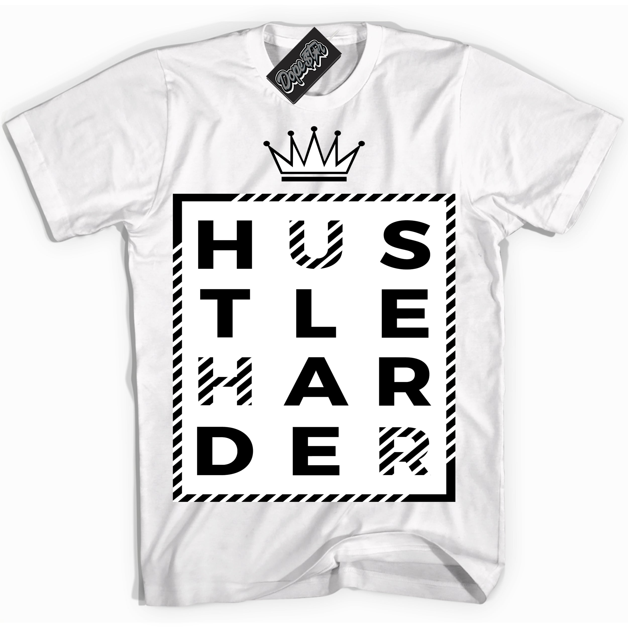 AJ1 Mid Off Noir Toe ‘Hustle Harder’ – White Streetwear T-Shirt | Sneaker Matching shirt for AJ1 Mid Off Noir Toe | Men's and Women's Streetwear Graphic Tee by Sneaker Shirts Outlet.