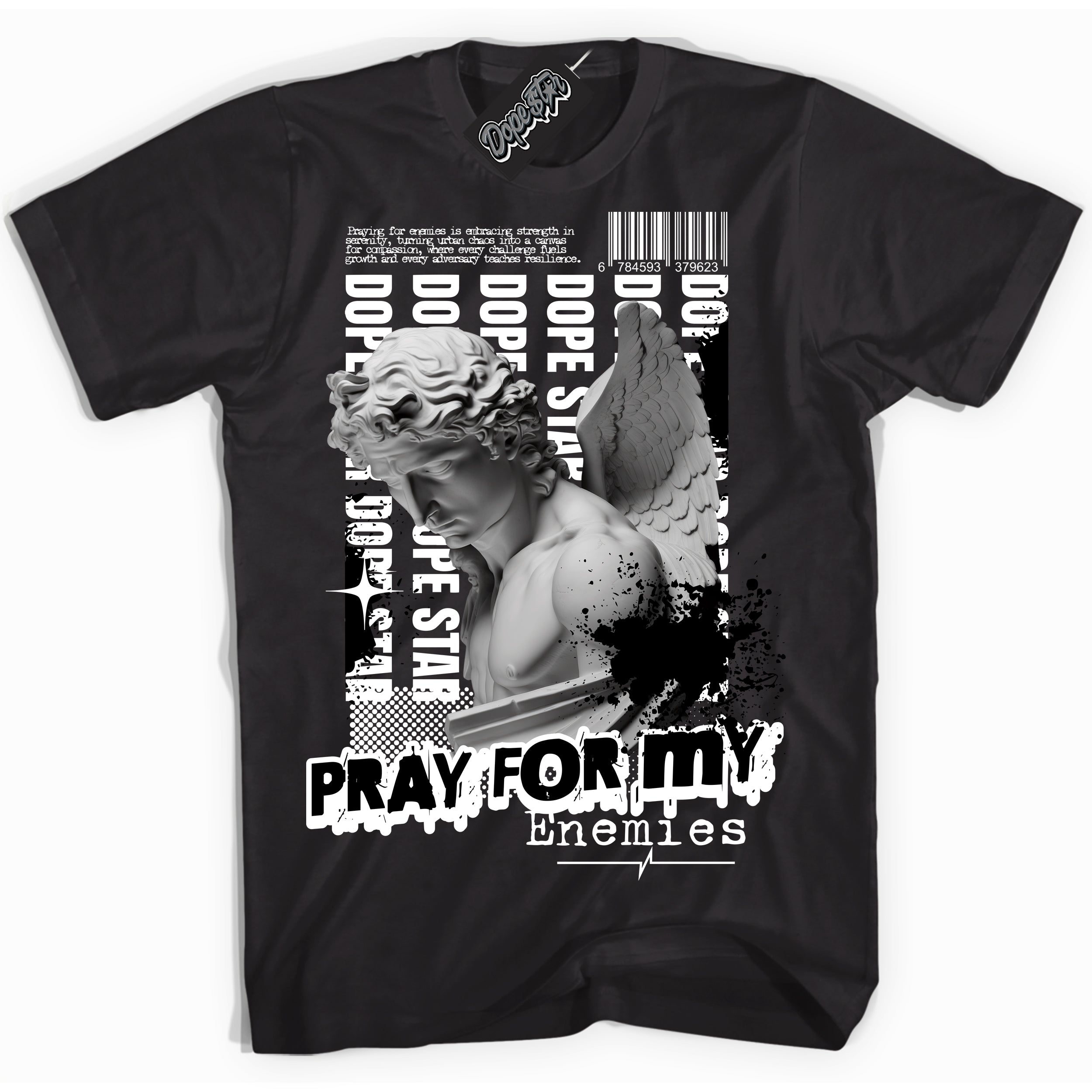 AJ1 Mid Off Noir Toe ‘Pray Enemies’ – Black Streetwear T-Shirt | Sneaker Matching shirt for AJ1 Mid Off Noir Toe | Men's and Women's Streetwear Graphic Tee by Sneaker Shirts Outlet.