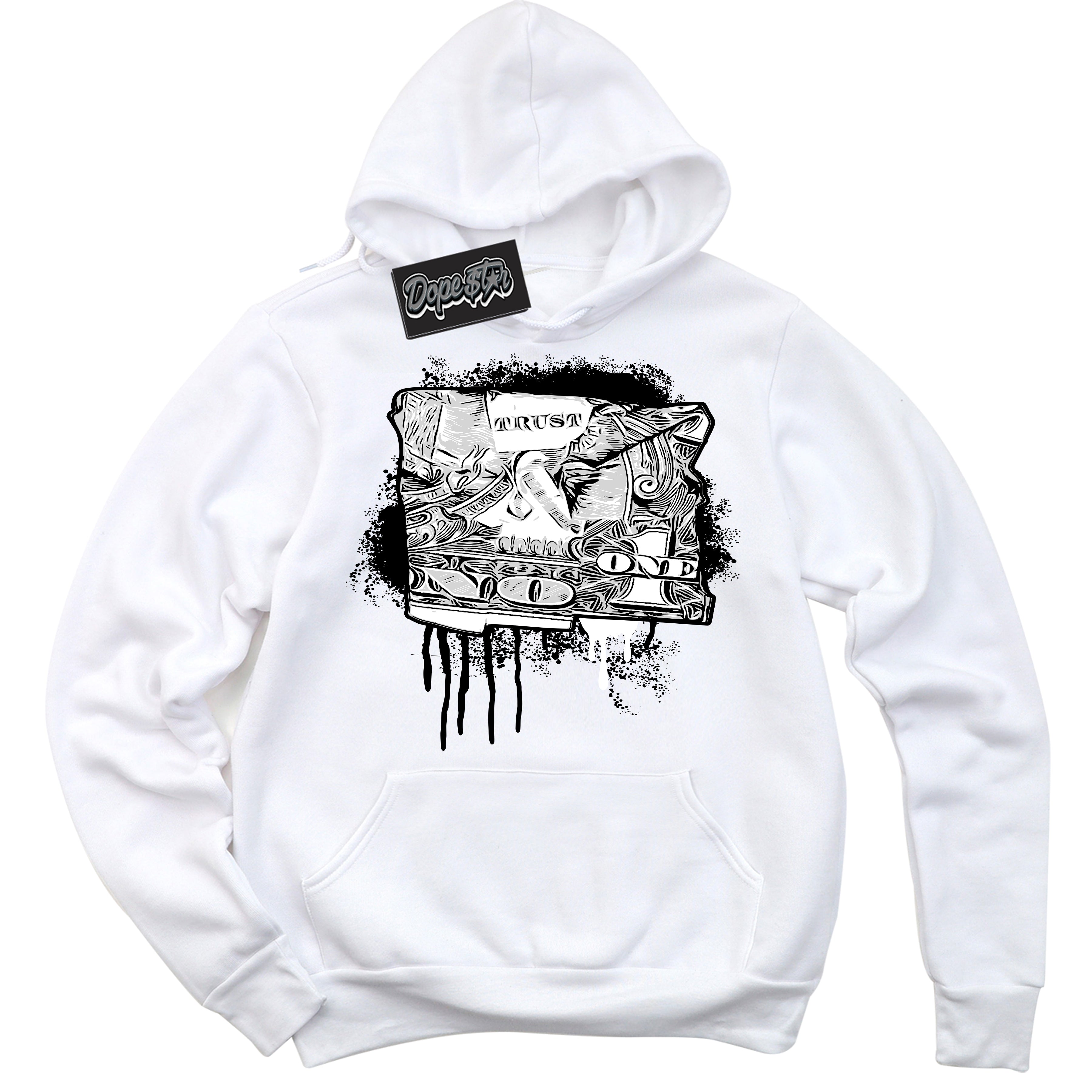 AJ1 Mid Off Noir Toe ‘Trust No One Dollar’ – White Streetwear Hoodie | Sneaker Matching sweatshirt for AJ1 Mid Off Noir Toe | Men's and Women's Streetwear Graphic Hoodie by Sneaker Shirts Outlet.