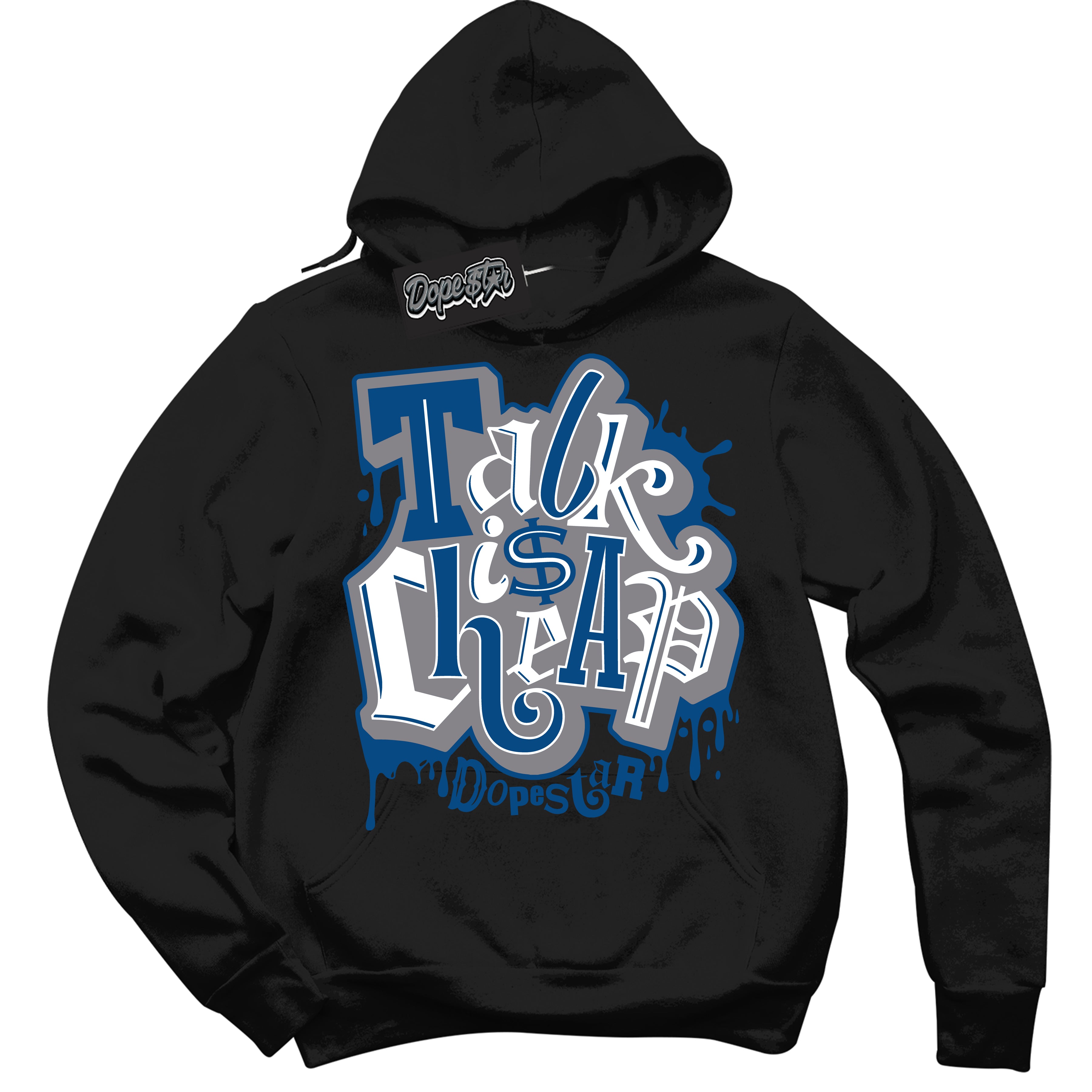 Cool Black Hoodie with “ Talk Is Cheap ” design that Perfectly Matches Mid True Blue 1s Sneakers.
