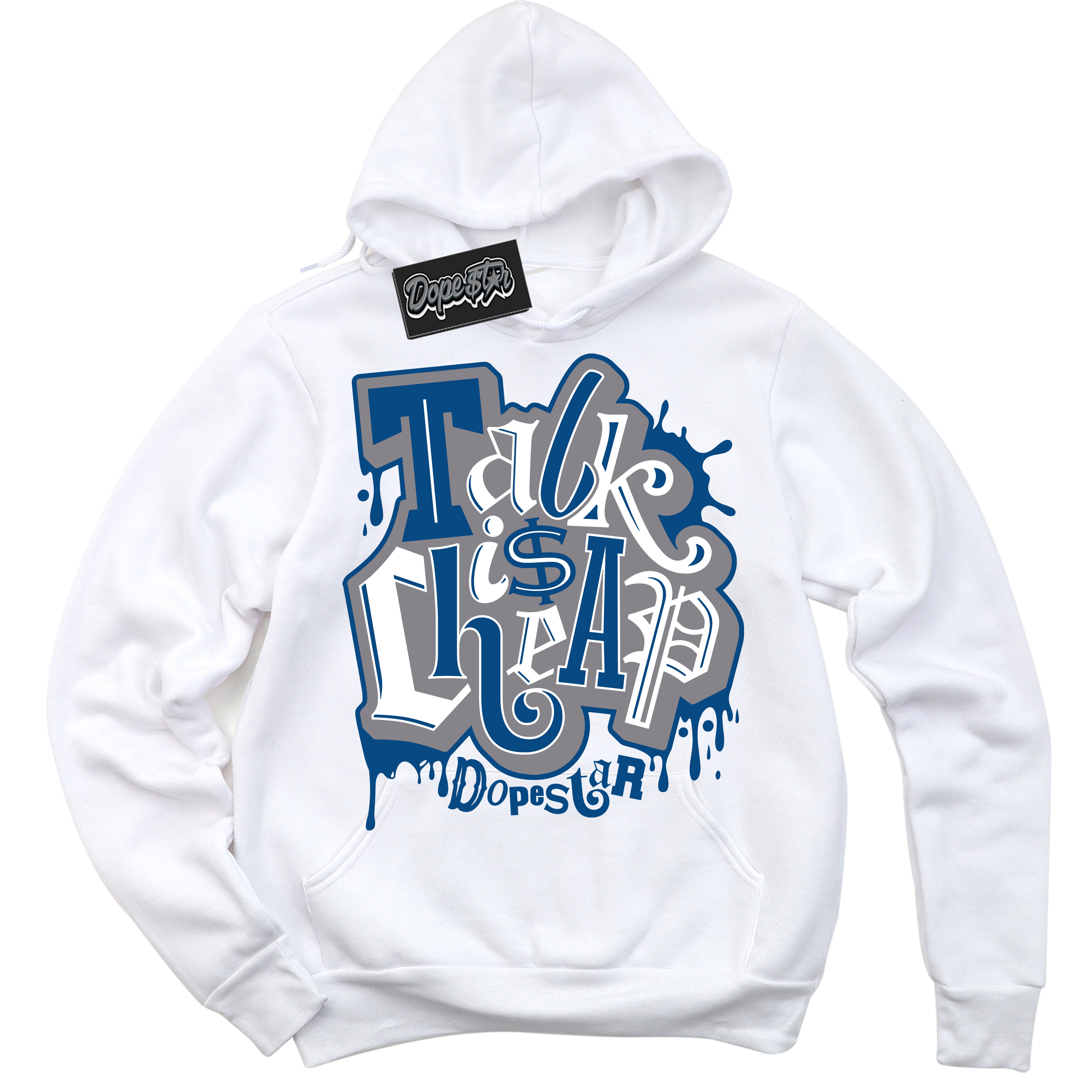 Cool White Hoodie with “ Talk Is Cheap ” design that Perfectly Matches Mid True Blue 1s Sneakers.