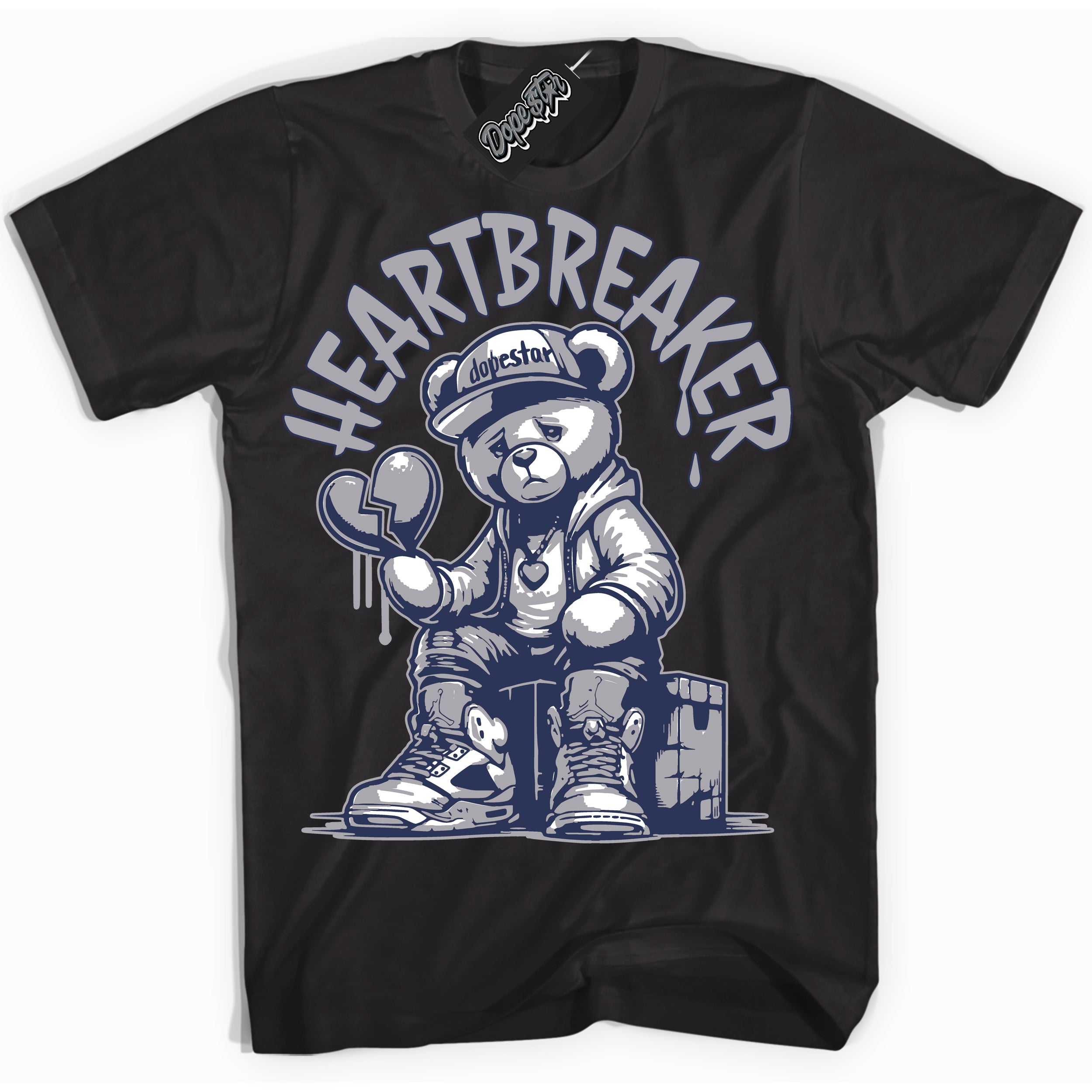 Cool Black Shirt with “Heartbreaker Bear” design that perfectly matches the Wolf Grey Midnight Navy 1s Jordans.