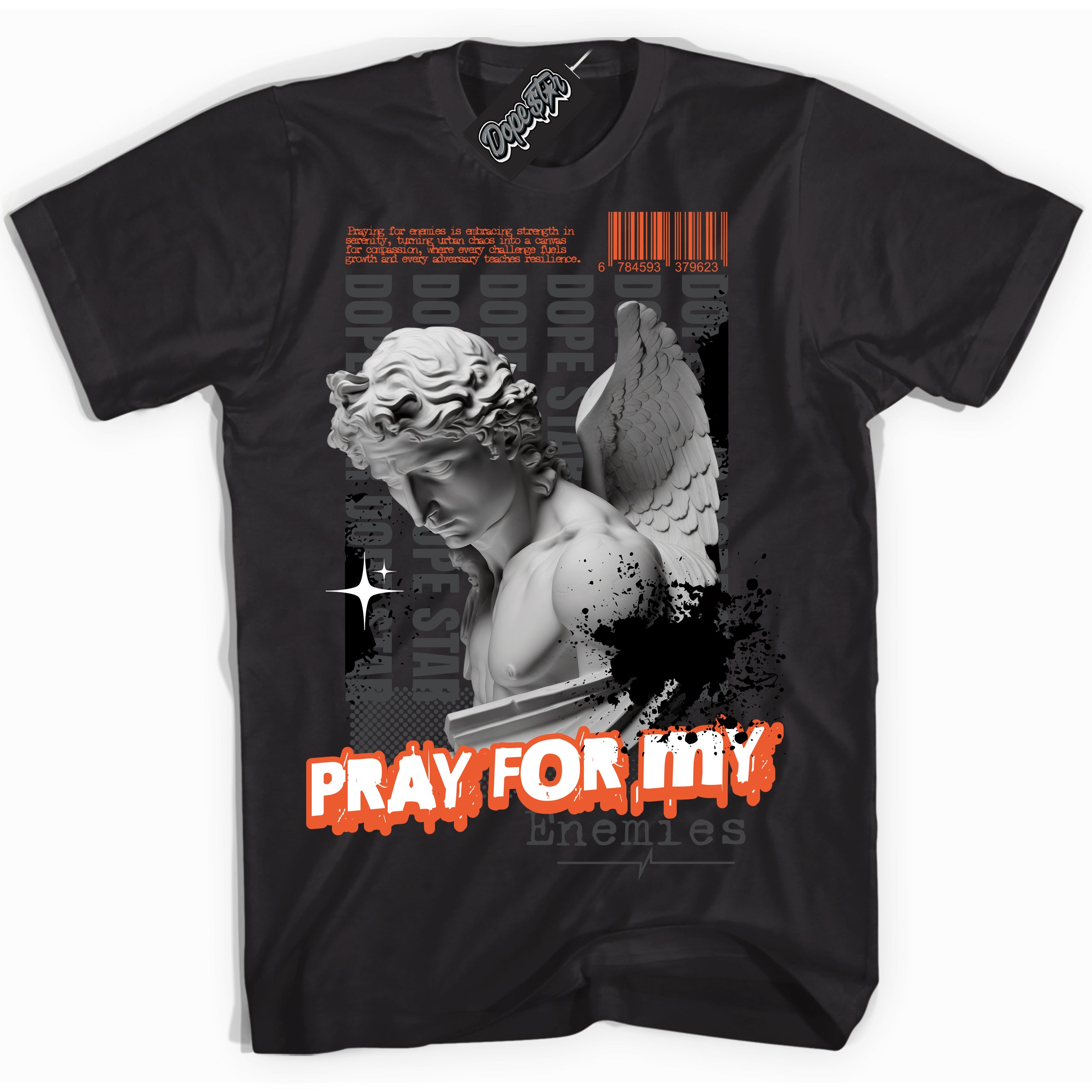 Cool Black Shirt with “ Pray Enemies” design that perfectly matches Stash 1s Sneakers.