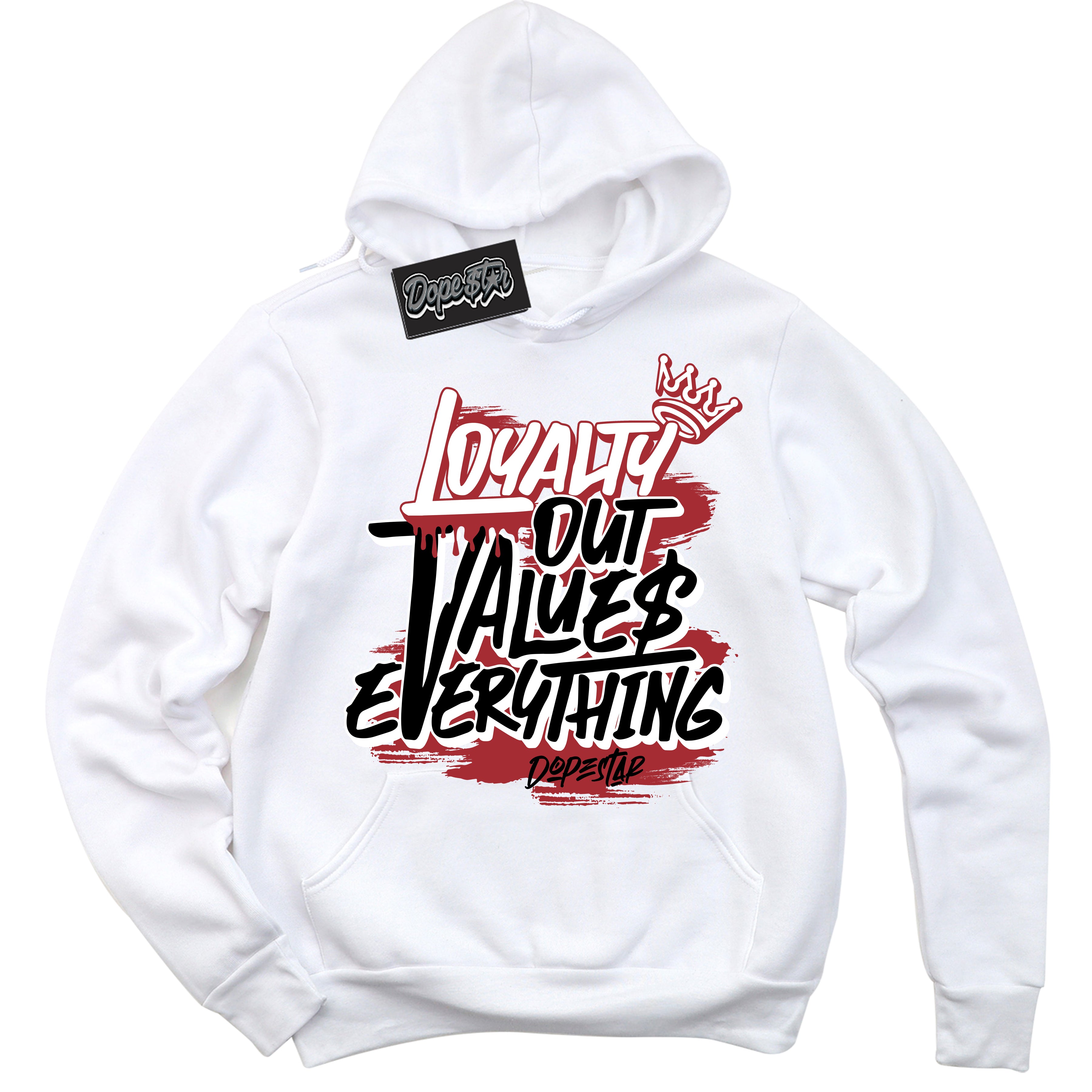 AJ1 Retro High '85 OG Bred ‘Loyalty Out Values Everything’ – White Streetwear Hoodie | Sneaker Matching sweatshirt for AJ1 Retro High '85 OG Bred | Men's and Women's Streetwear Graphic Hoodie by Sneaker Shirts Outlet