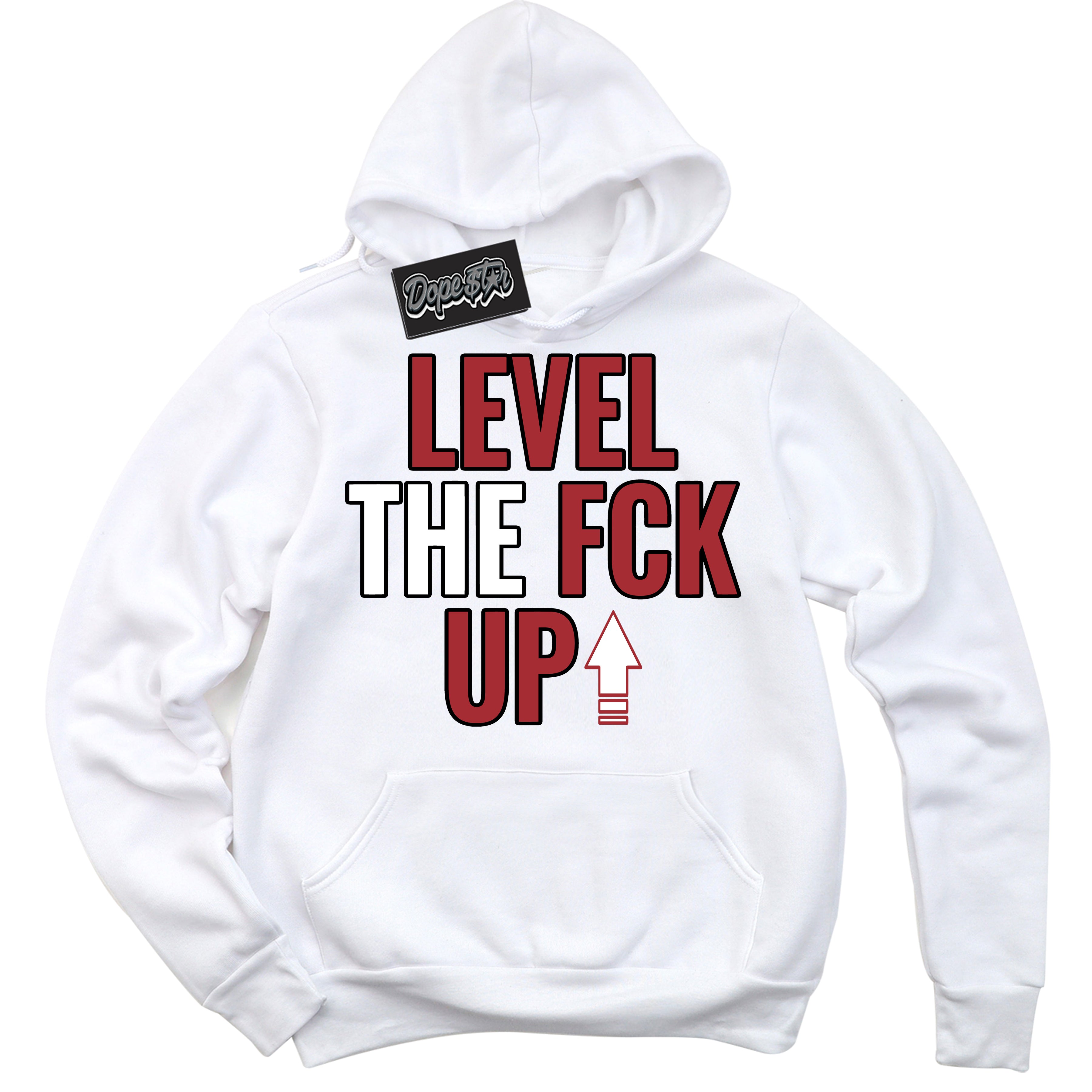 AJ1 Retro High '85 OG Bred ‘Level The Fck Up – White Streetwear Hoodie | Sneaker Matching sweatshirt for AJ1 Retro High '85 OG Bred | Men's and Women's Streetwear Graphic Hoodie by Sneaker Shirts Outlet