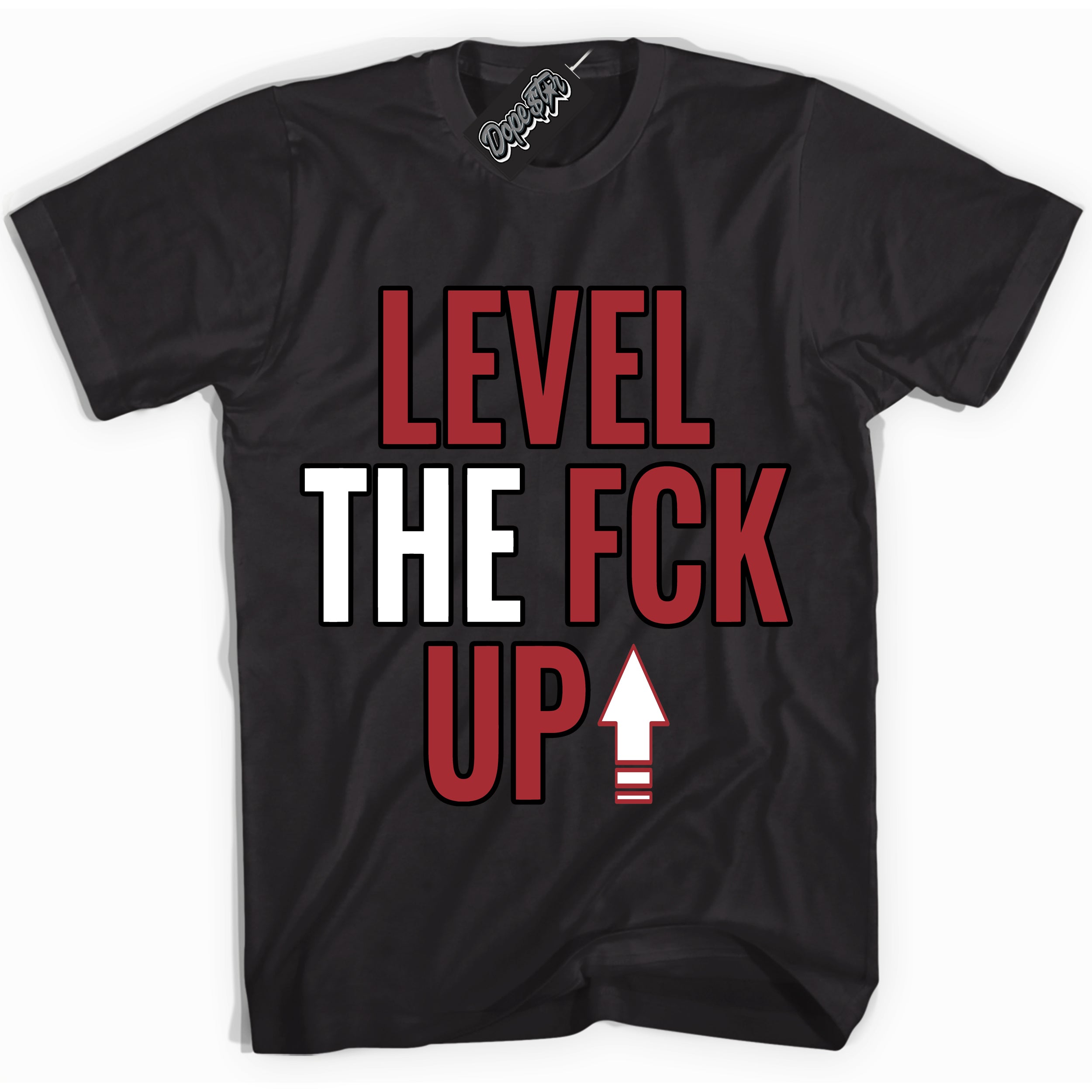 AJ1 Retro High '85 OG Bred ‘Level The Fck Up – Black Streetwear T-Shirt | Sneaker Matching shirt for AJ1 Retro High '85 OG Bred | Men's and Women's Streetwear Graphic Tee by Sneaker Shirts Outlet.