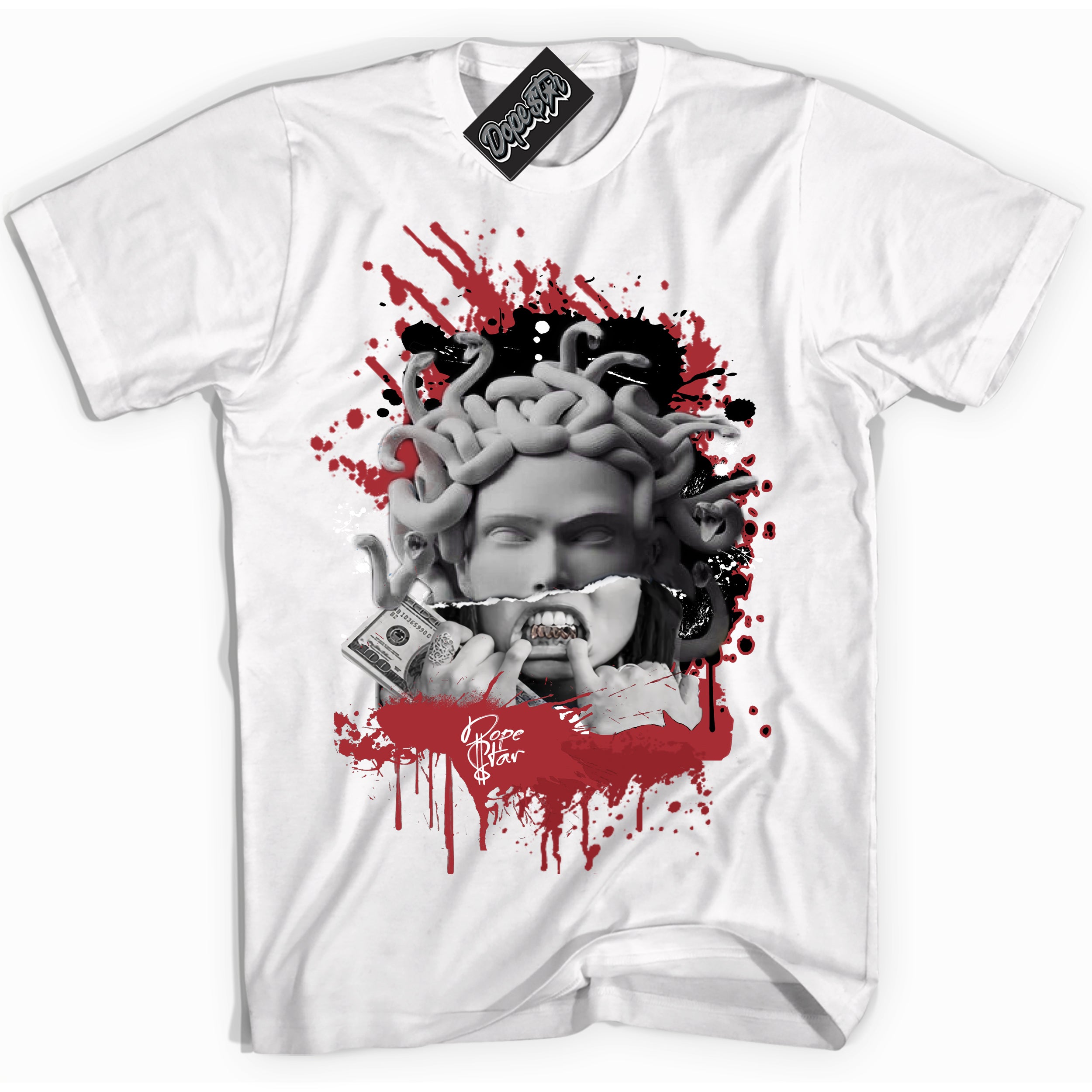 AJ1 Retro High '85 OG Bred ‘Medusa’ – White Streetwear T-Shirt | Sneaker Matching shirt for AJ1 Retro High '85 OG Bred | Men's and Women's Streetwear Graphic Tee by Sneaker Shirts Outlet.