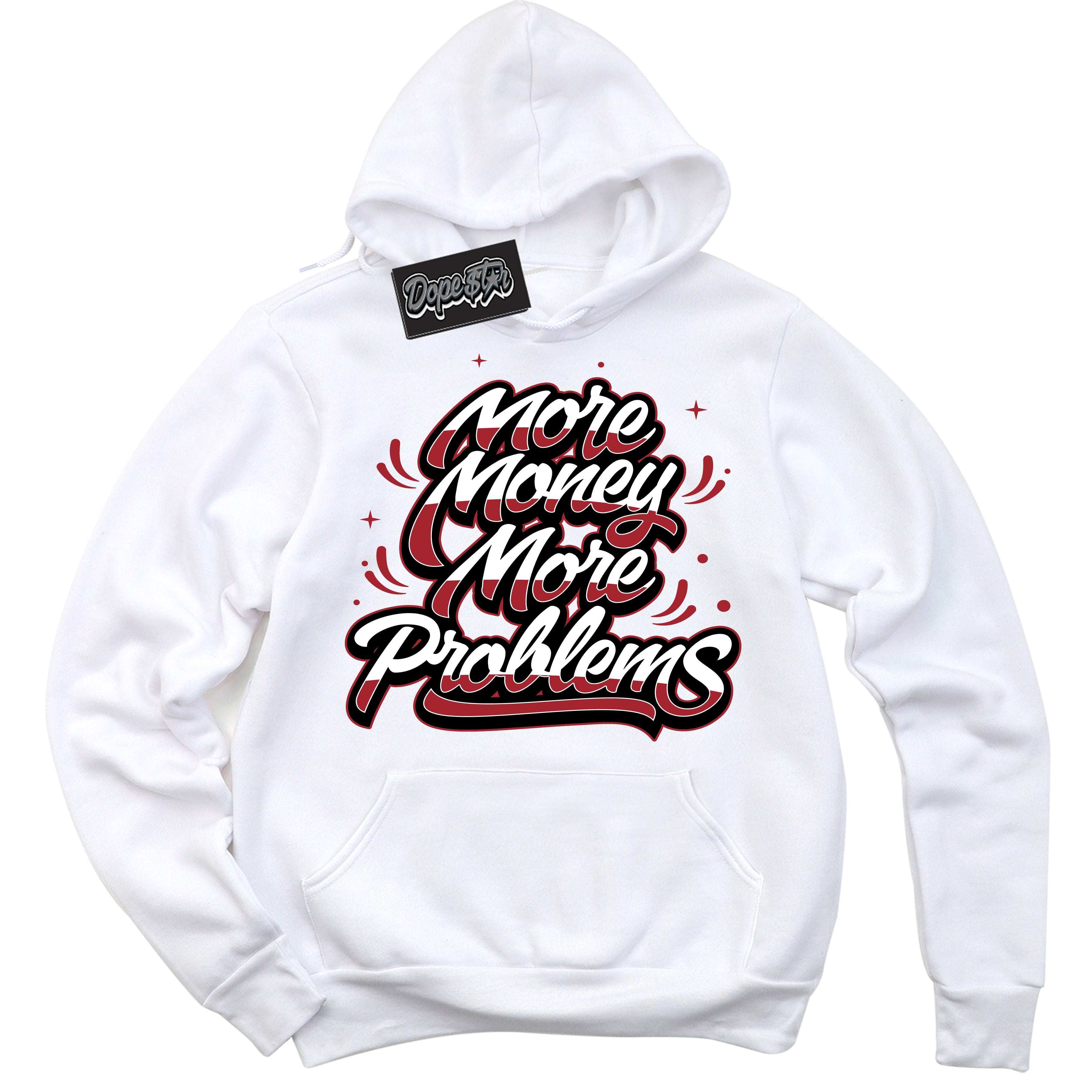 AJ1 Retro High '85 OG Bred ‘More Money Problems’ – White Streetwear Hoodie | Sneaker Matching sweatshirt for AJ1 Retro High '85 OG Bred | Men's and Women's Streetwear Graphic Hoodie by Sneaker Shirts Outlet