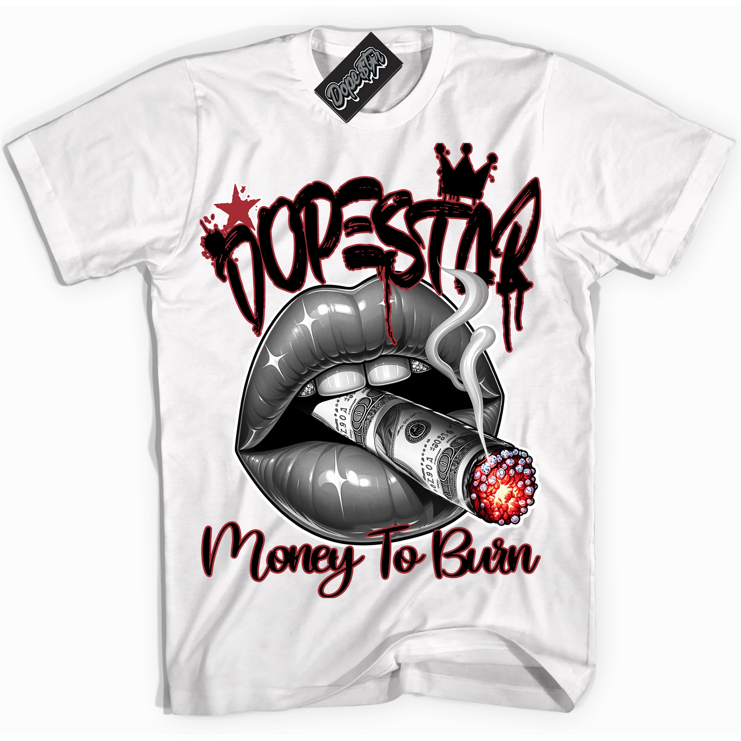 AJ1 Retro High '85 OG Bred ‘Money To Burn’ – White Streetwear T-Shirt | Sneaker Matching shirt for AJ1 Retro High '85 OG Bred | Men's and Women's Streetwear Graphic Tee by Sneaker Shirts Outlet.