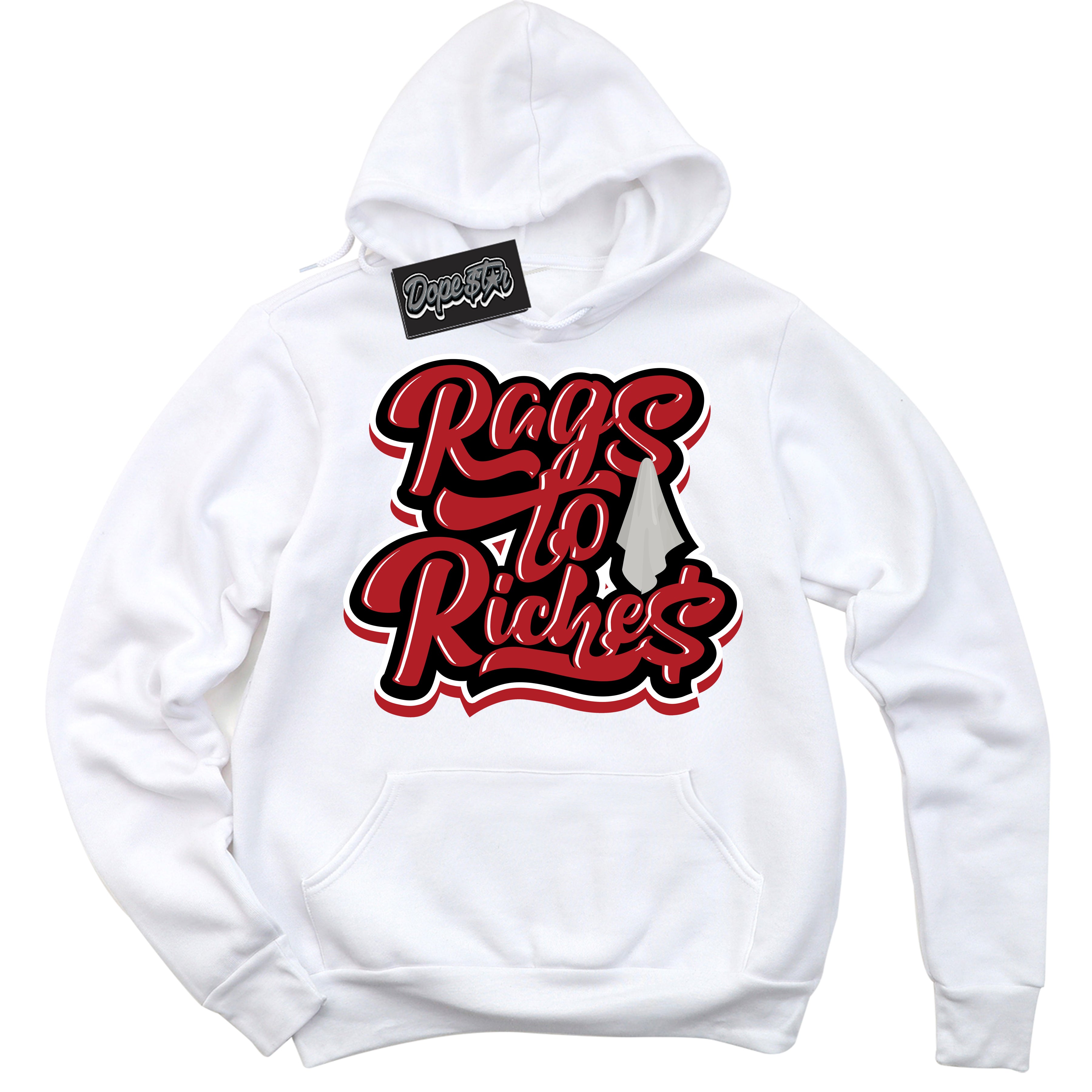 AJ1 Retro High '85 OG Bred ‘Rags To Riches’ – White Streetwear Hoodie | Sneaker Matching sweatshirt for AJ1 Retro High '85 OG Bred | Men's and Women's Streetwear Graphic Hoodie by Sneaker Shirts Outlet