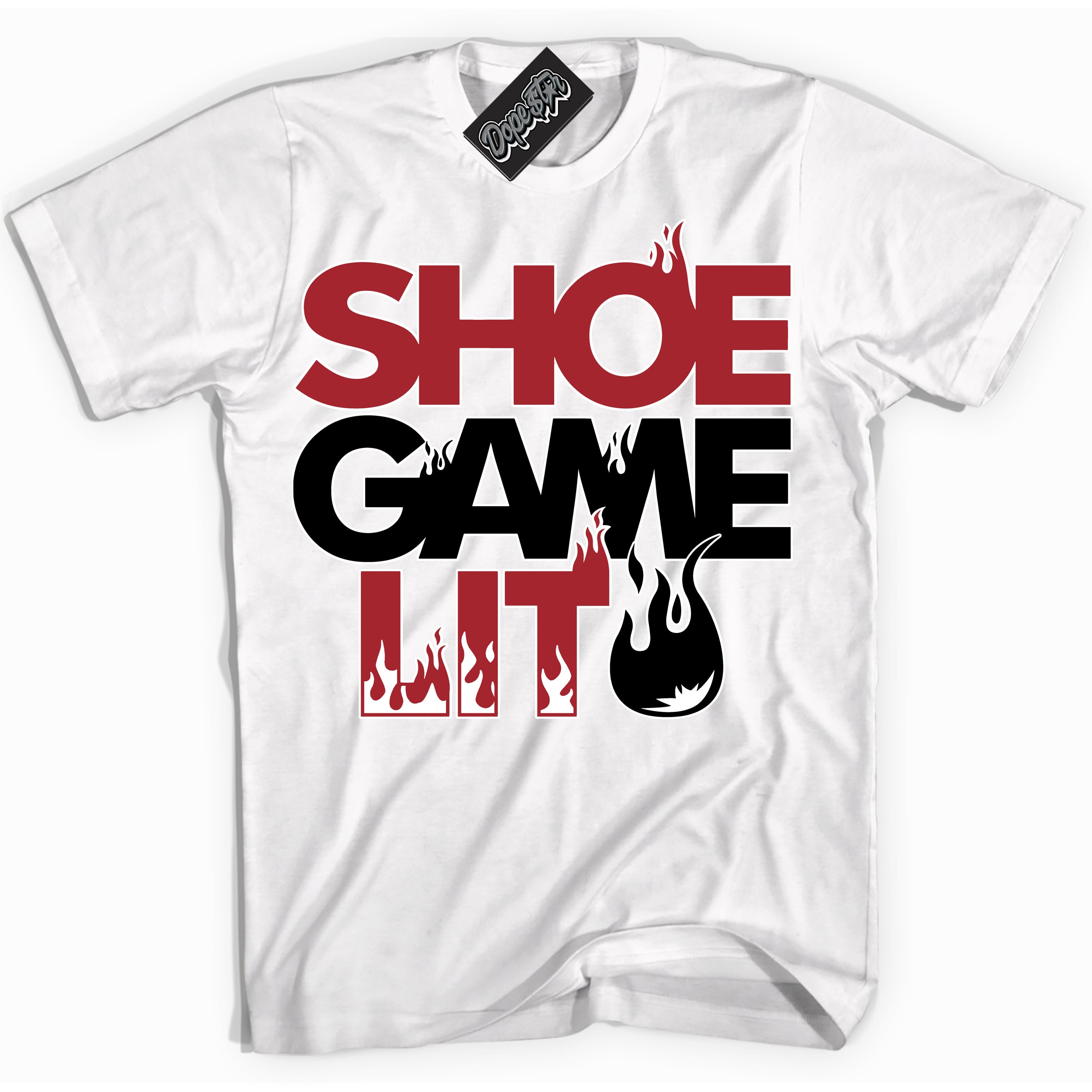 AJ1 Retro High '85 OG Bred ‘Shoe Game Lit’ – White Streetwear T-Shirt | Sneaker Matching shirt for AJ1 Retro High '85 OG Bred | Men's and Women's Streetwear Graphic Tee by Sneaker Shirts Outlet.