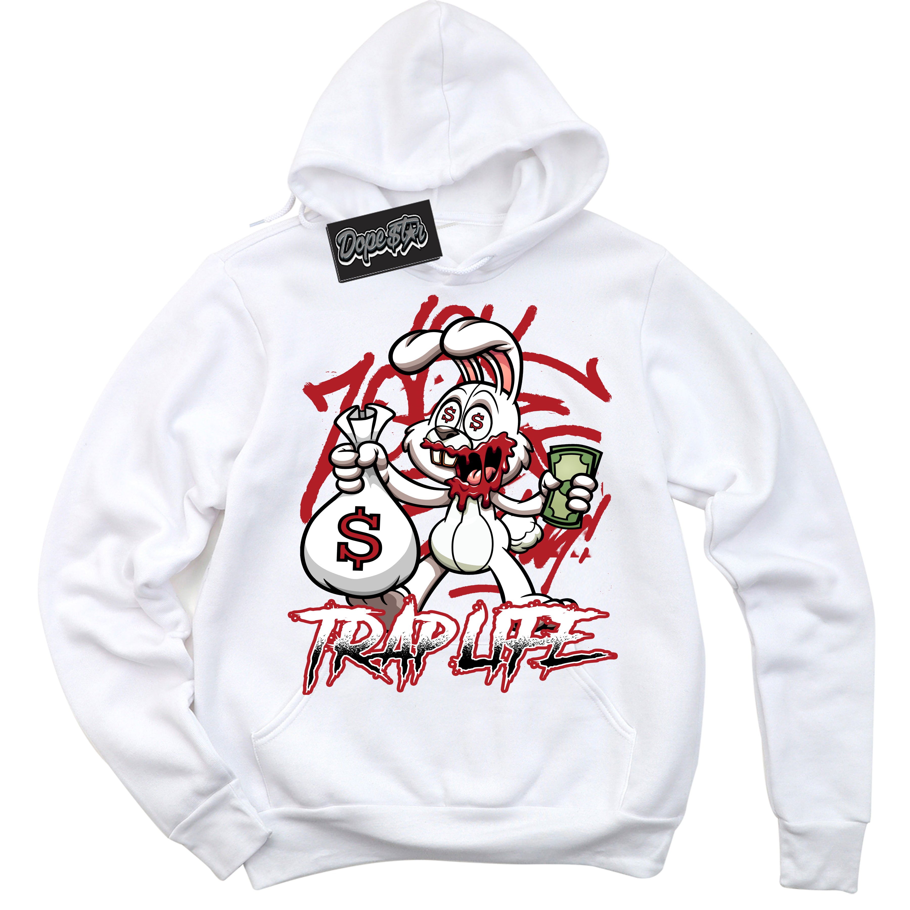 AJ1 Retro High '85 OG Bred ‘Trap Rabbit’ – White Streetwear Hoodie | Sneaker Matching sweatshirt for AJ1 Retro High '85 OG Bred | Men's and Women's Streetwear Graphic Hoodie by Sneaker Shirts Outlet