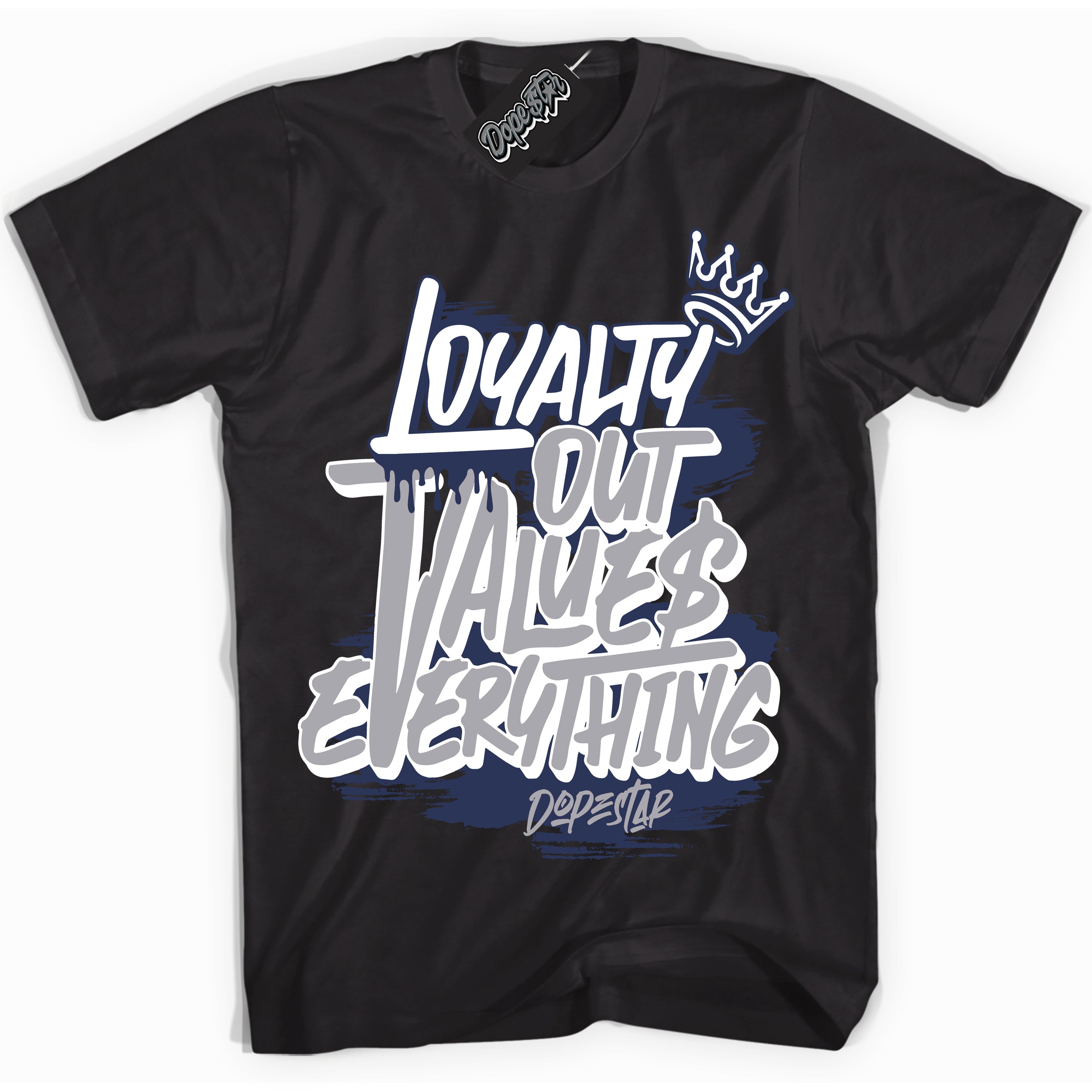 Cool Black Shirt with “ Loyalty Out Values Everything” design that perfectly matches Golf Patent Midnight Navy 1s Sneakers.