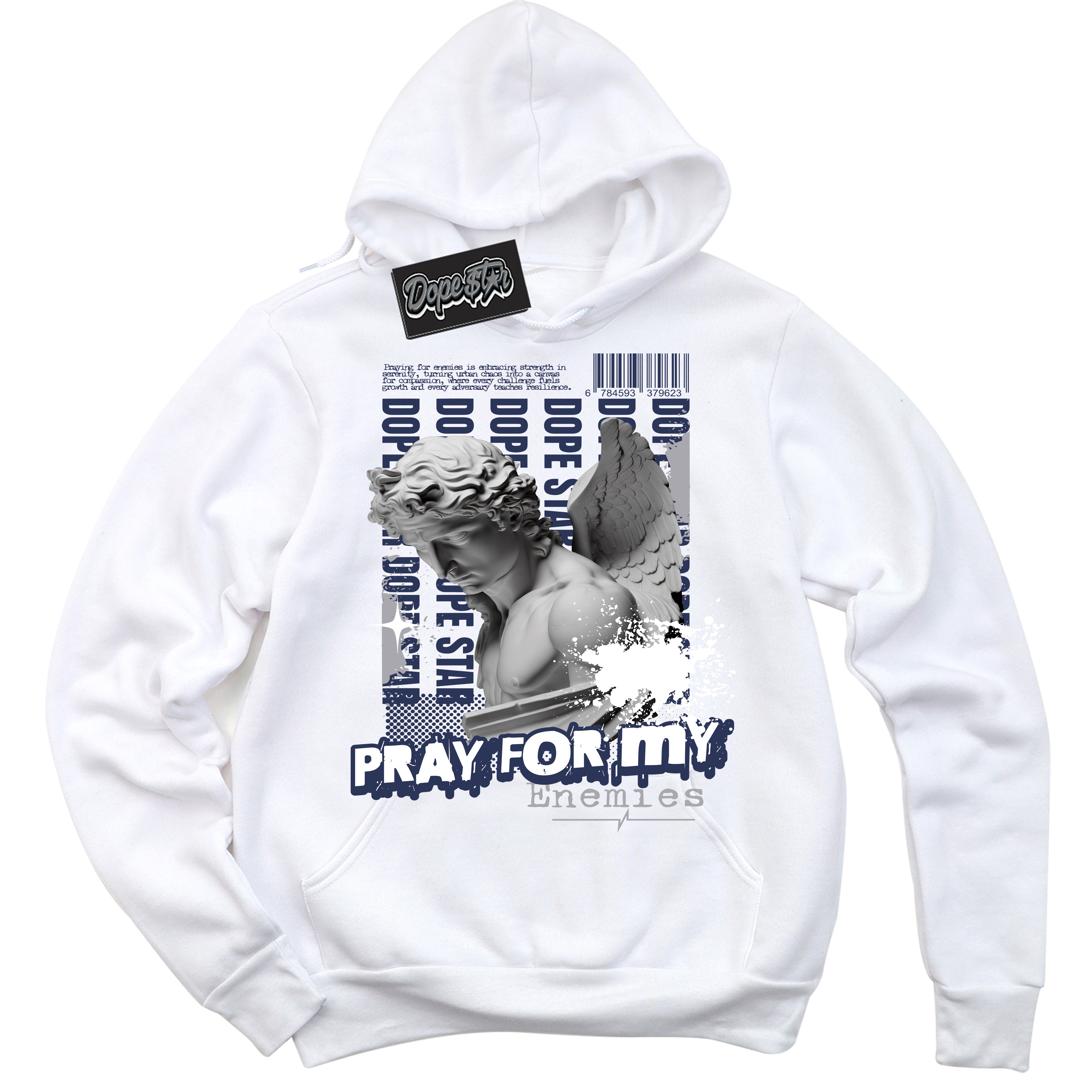 Cool White Hoodie with “ Pray Enemies ”  design that Perfectly Matches Golf Patent Midnight Navy 1s Sneakers.