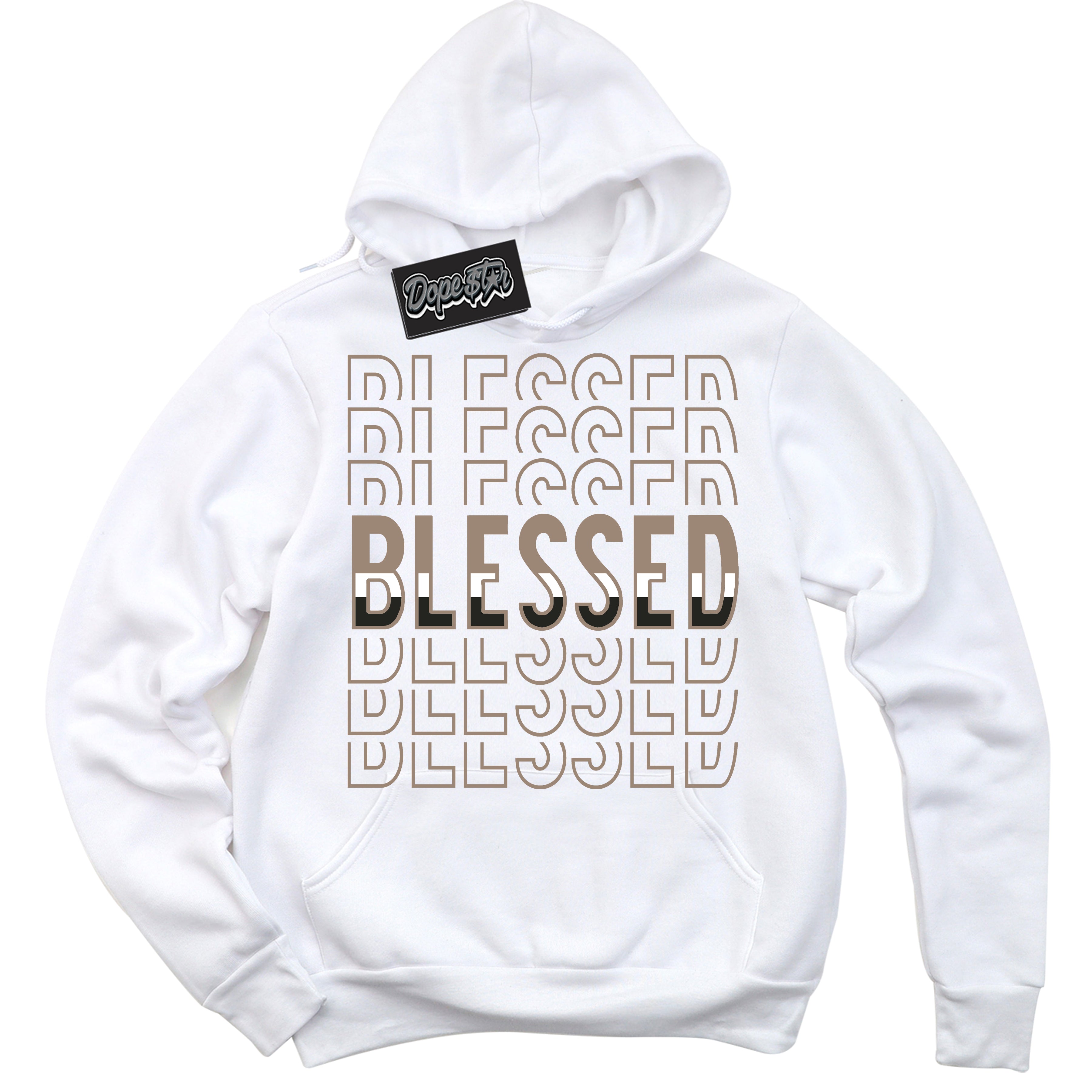 Cool White Hoodie with “ Blessed Stacked ” design that Perfectly Matches Latte 1s Sneakers.