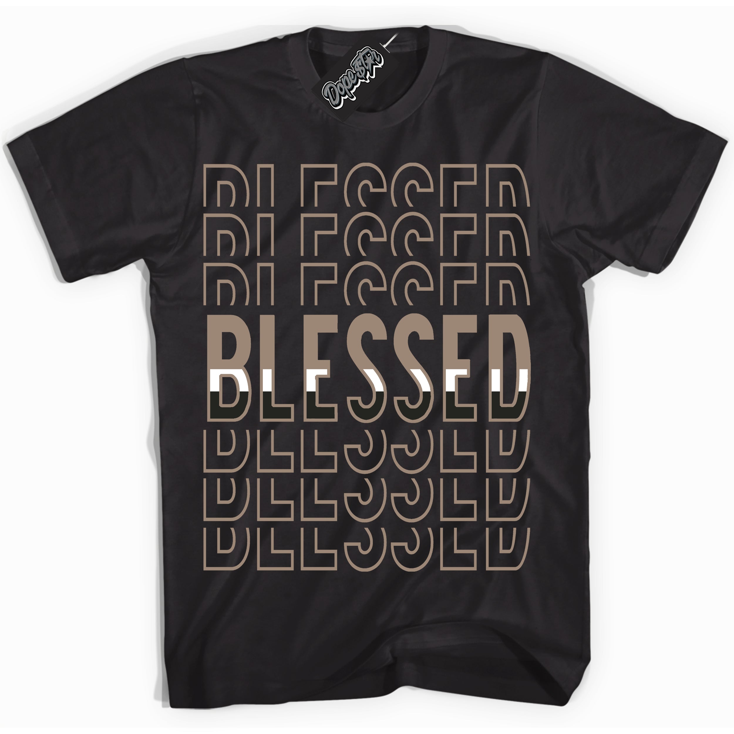 Cool Black Shirt with “ Blessed Stacked ” design that perfectly matches Latte 1s Sneakers.