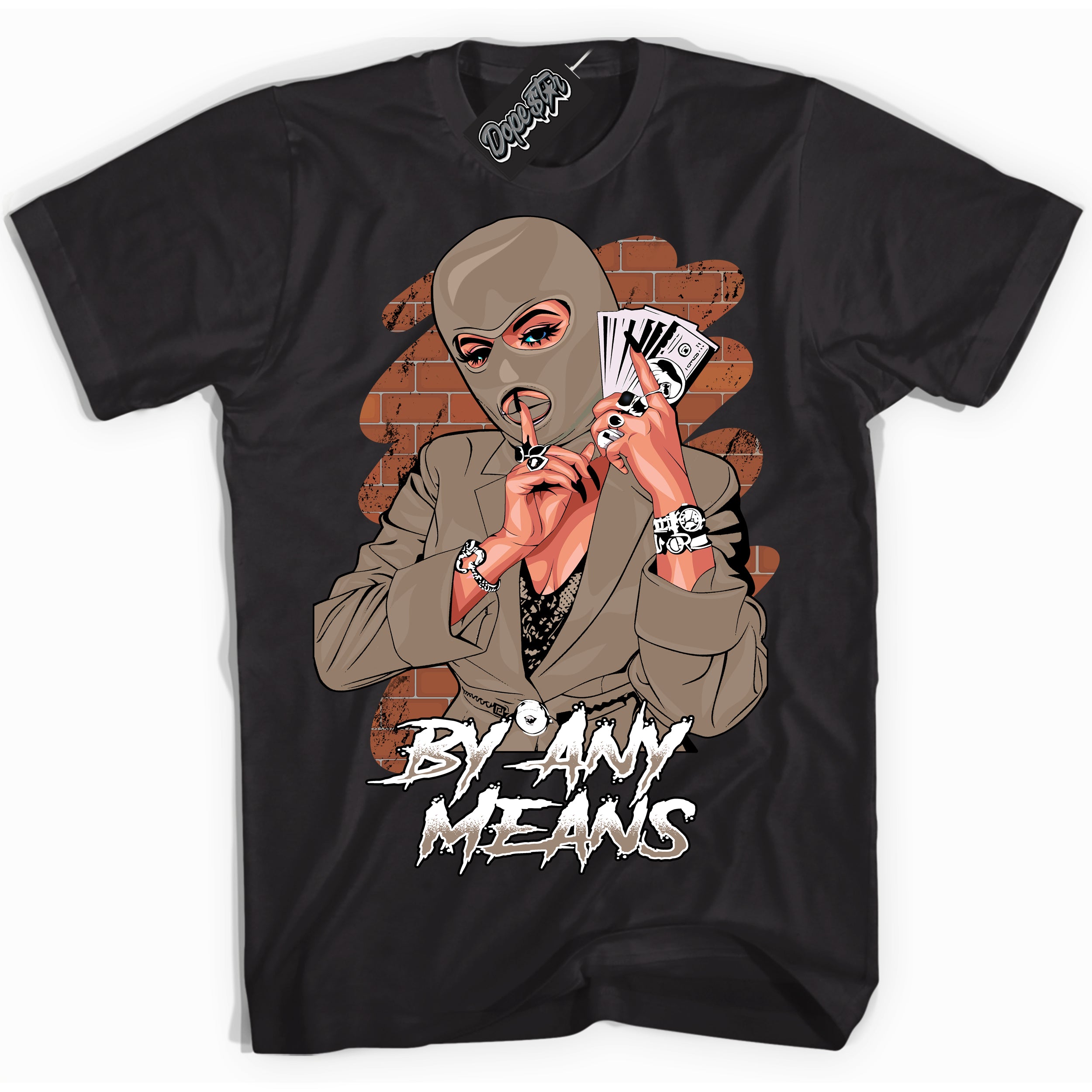 Cool Black Shirt with “ By Any Means ” design that perfectly matches Latte 1s Sneakers.