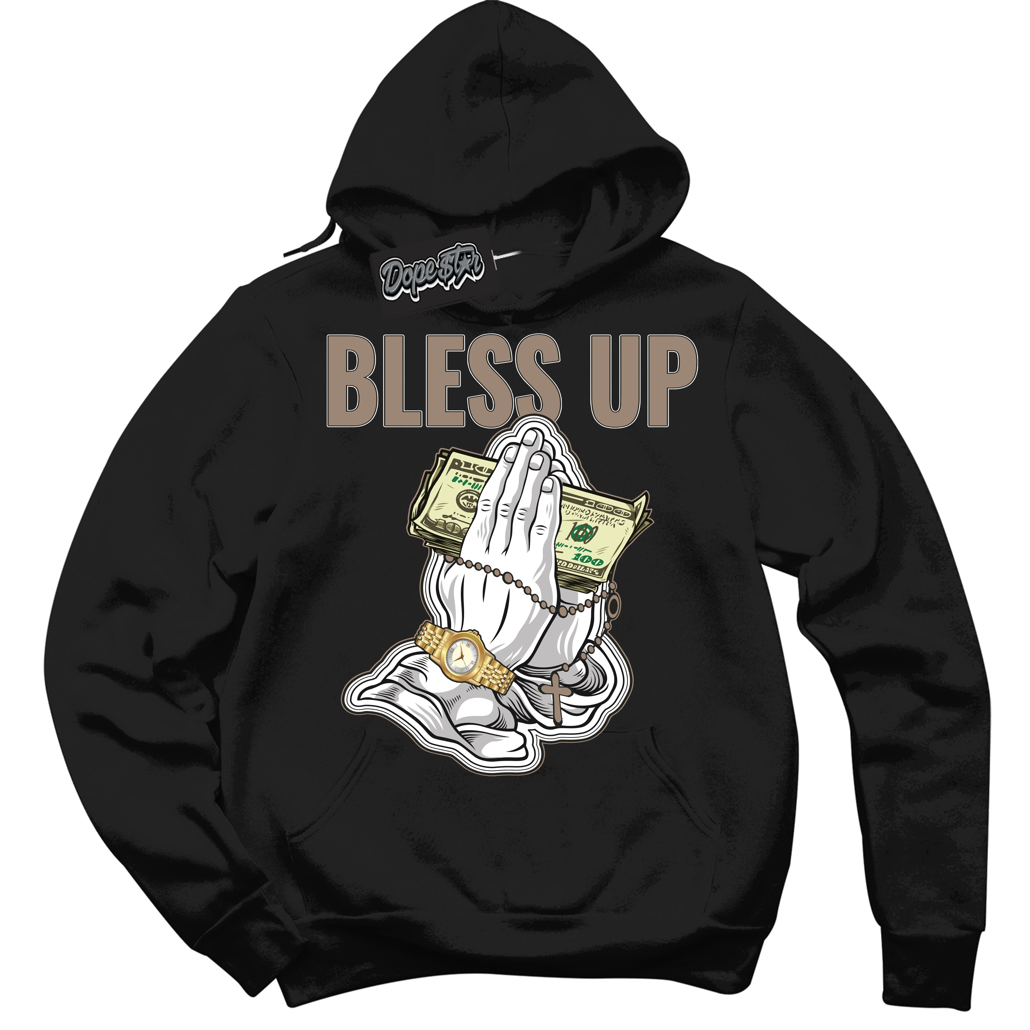 Cool Black Hoodie with “ Bless Up ” design that Perfectly Matches Latte 1s Sneakers.