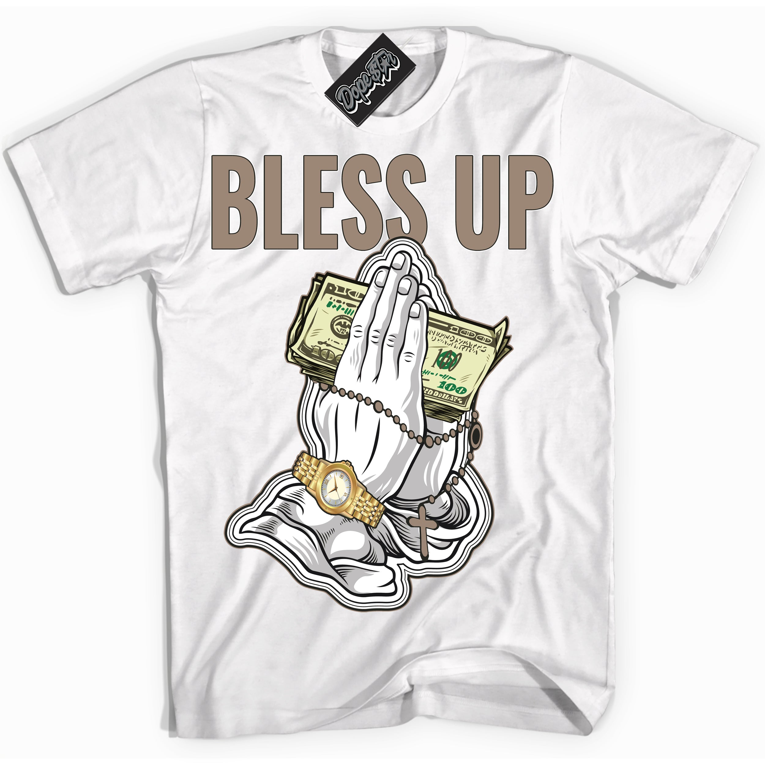 Cool White Shirt with “ Bless Up ” design that perfectly matches Latte 1s Sneakers.