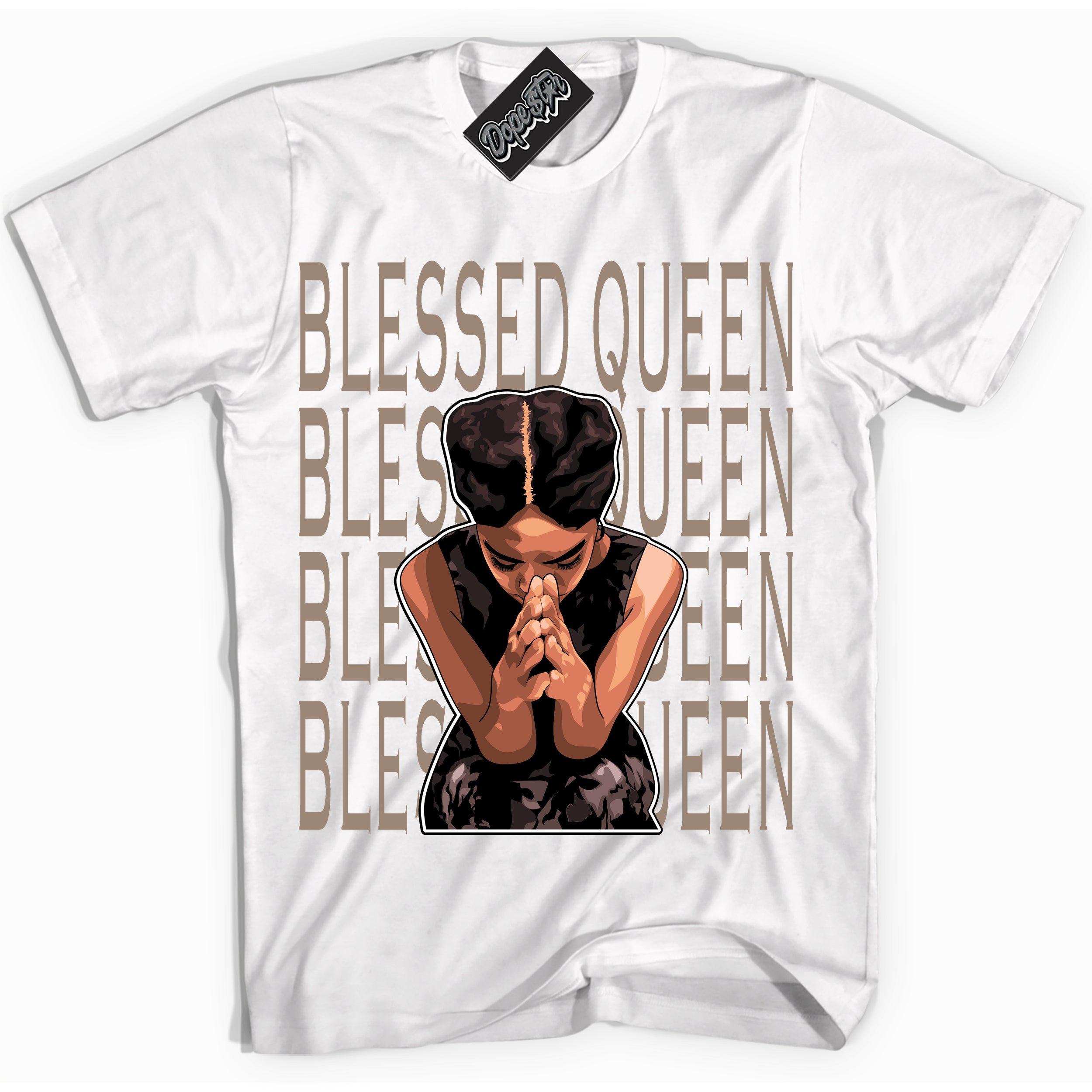 Cool White Shirt with “ Blessed Queen ” design that perfectly matches Latte 1s Sneakers.