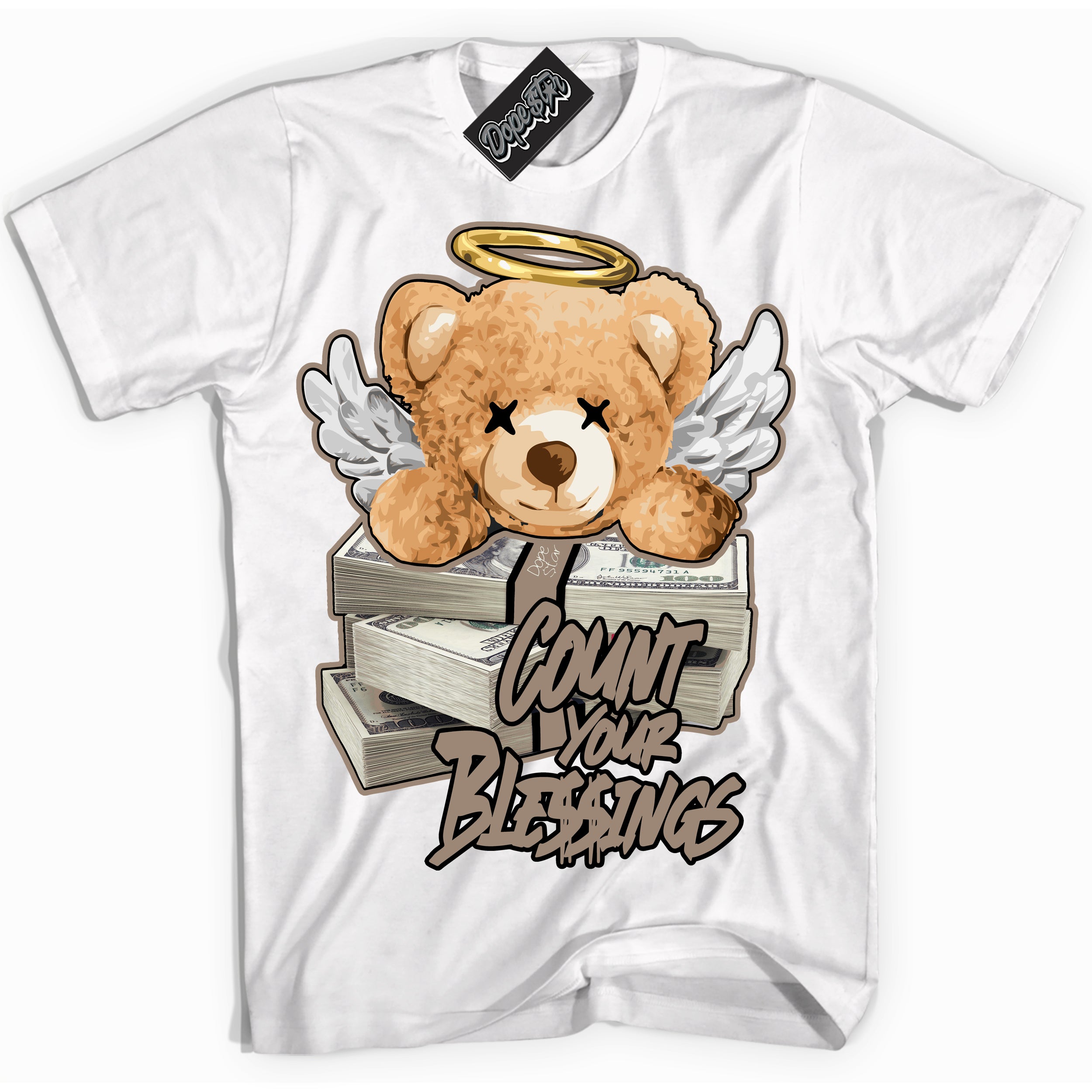 Cool White Shirt with “ Count Your Blessings ” design that perfectly matches Latte 1s Sneakers.