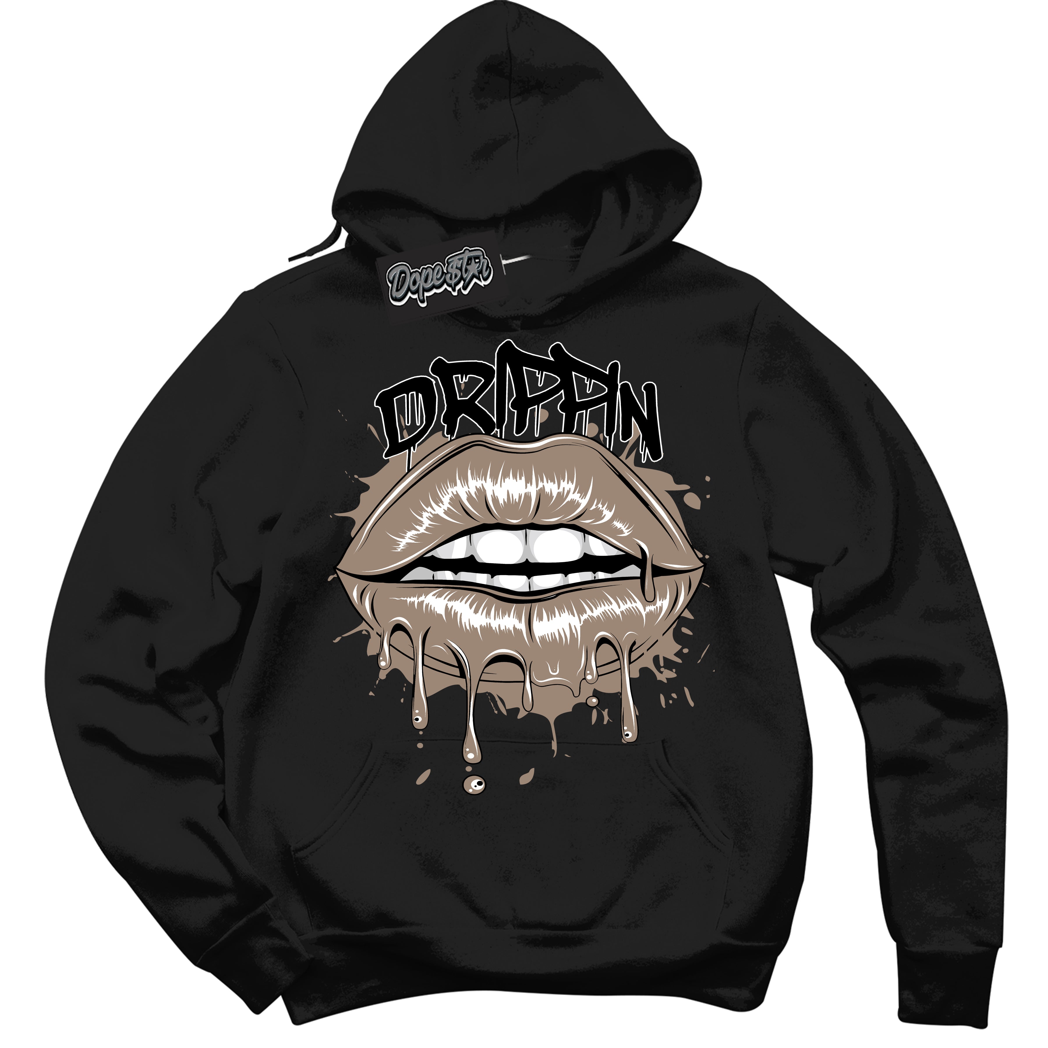 Cool Black Hoodie with “ Drippin ” design that Perfectly Matches Latte 1s Sneakers.