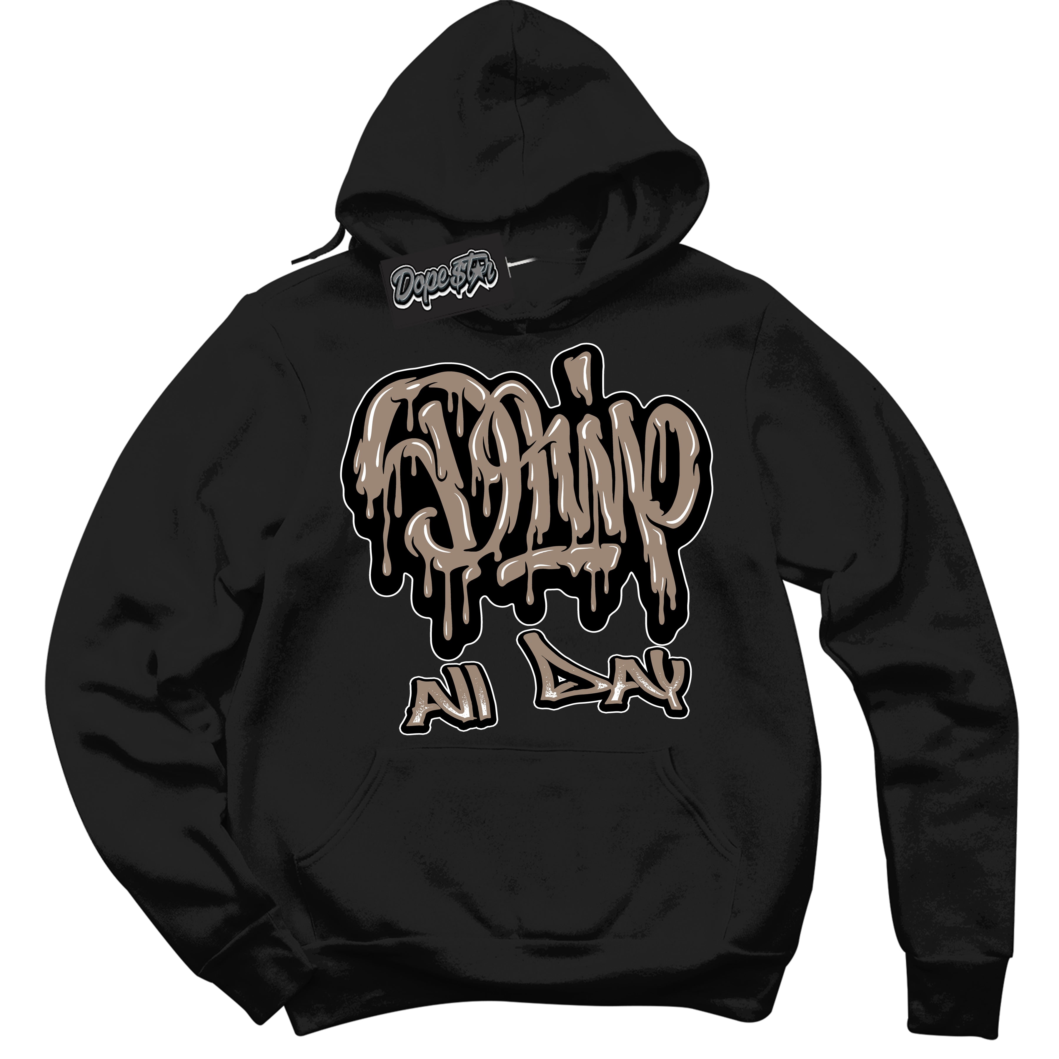Cool Black Hoodie with “ Drip All Day ” design that Perfectly Matches Latte 1s Sneakers.