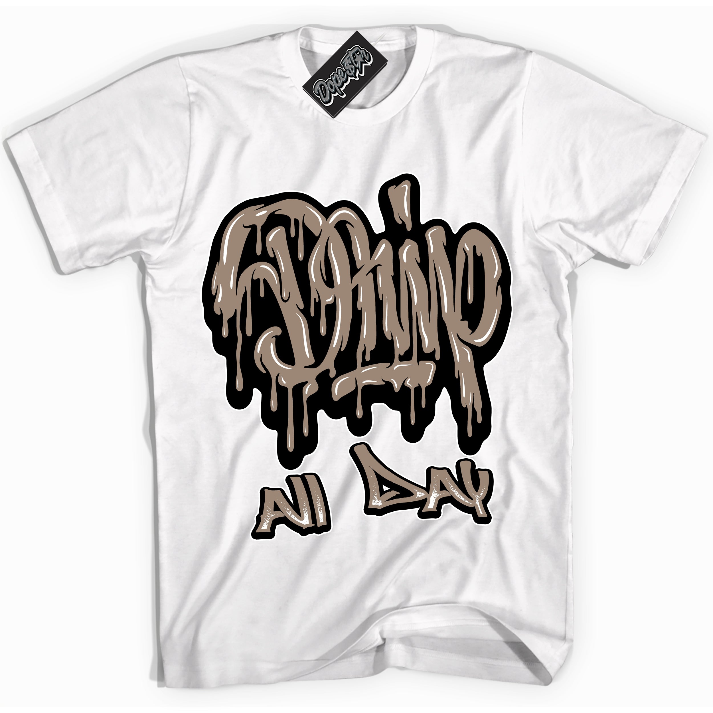 Cool White Shirt with “ Drip All Day ” design that perfectly matches Latte 1s Sneakers.