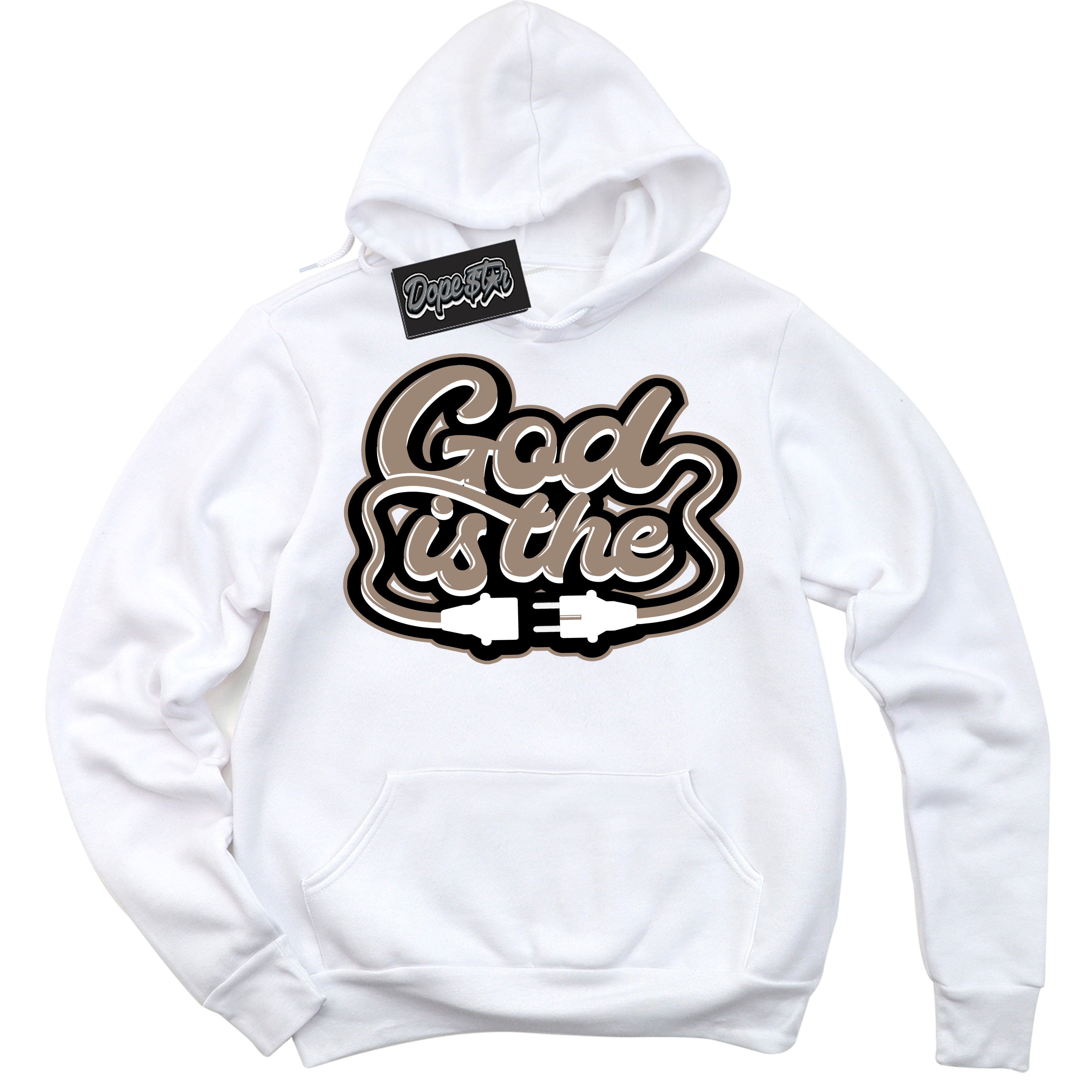 Cool White Hoodie with “ God Is The ” design that Perfectly Matches Latte 1s Sneakers.
