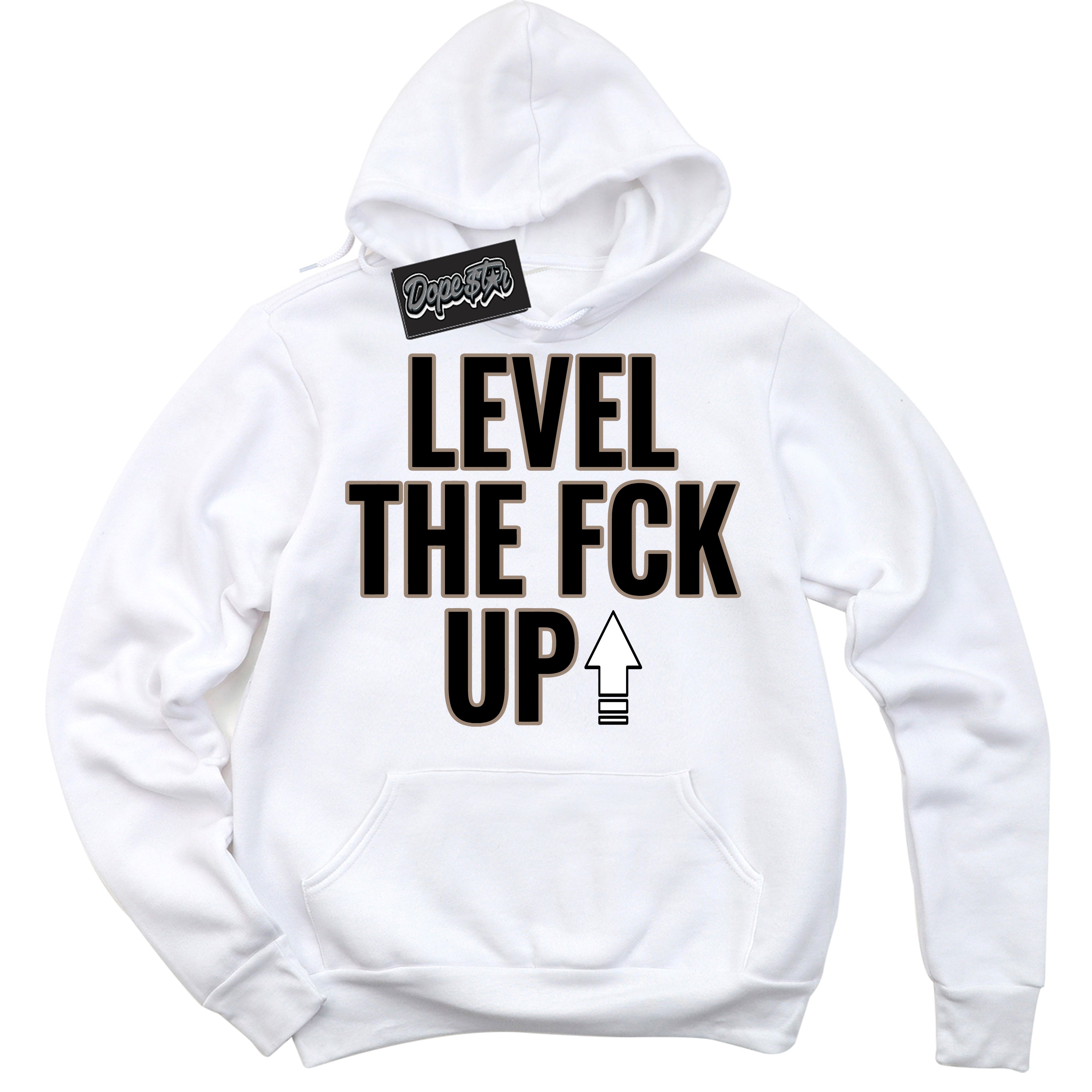 Cool White Hoodie with “ Level The Fck Up ” design that Perfectly Matches Latte 1s Sneakers.
