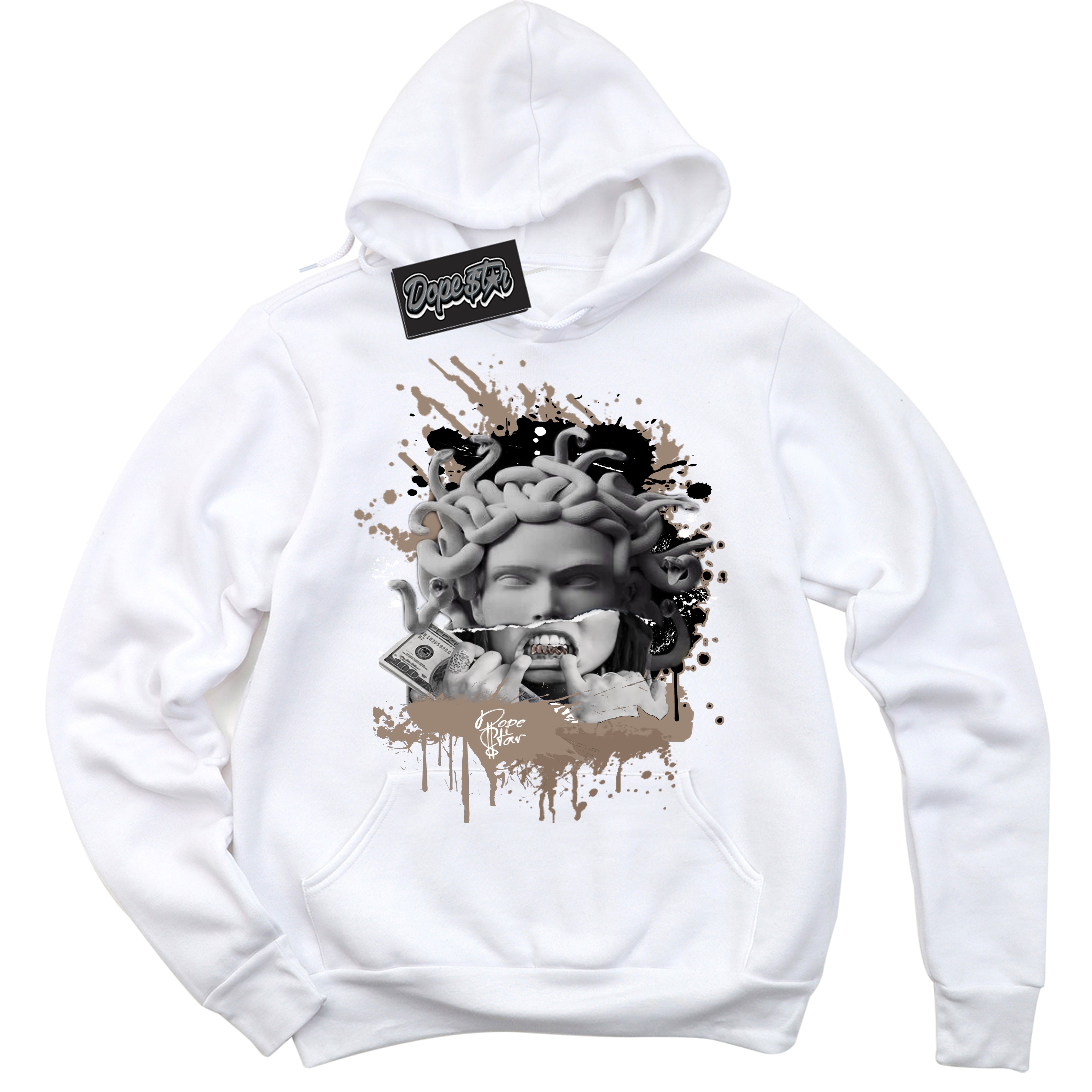 Cool White Hoodie with “ Medusa ” design that Perfectly Matches Latte 1s Sneakers.