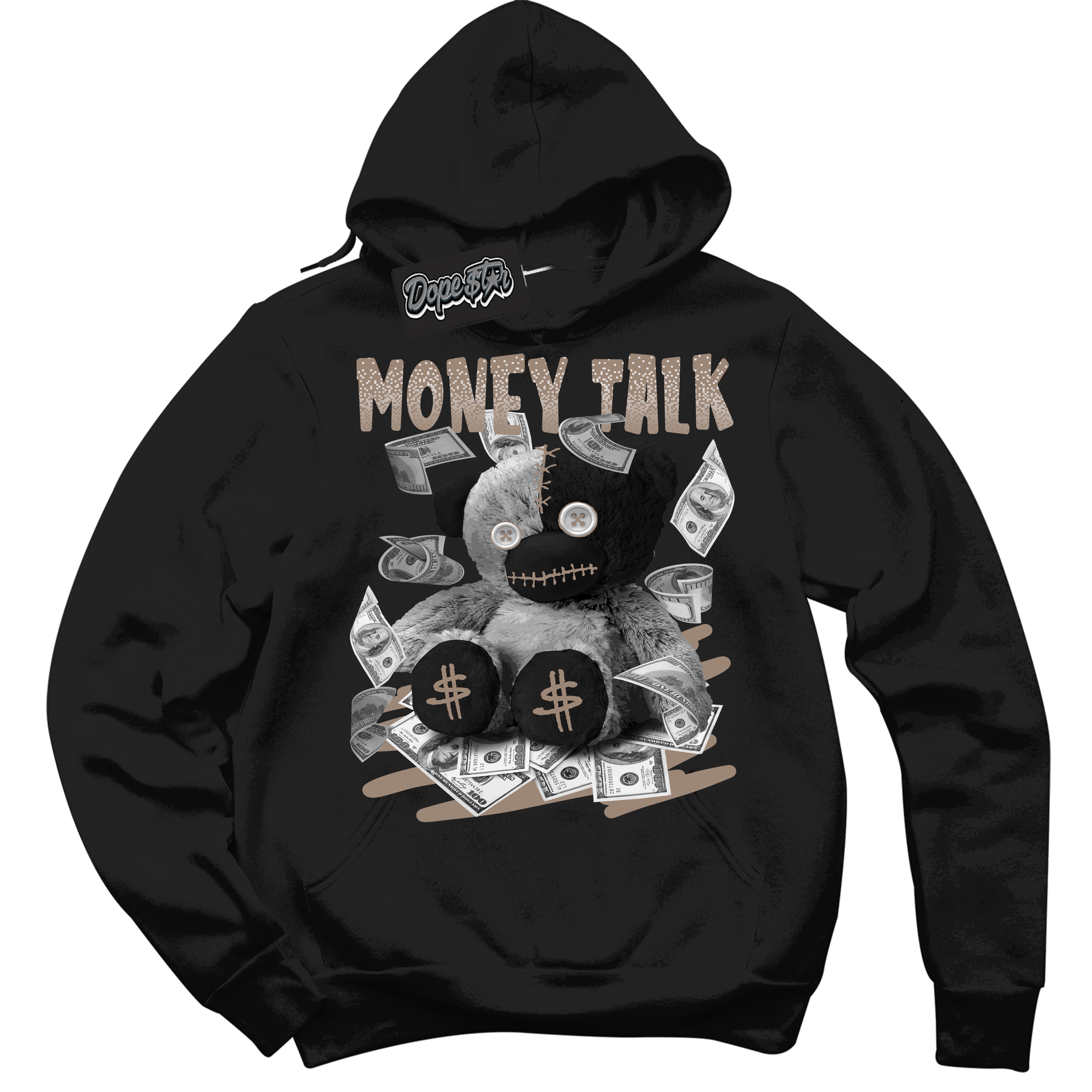 Cool Black Hoodie with “ Money Talk Bear ” design that Perfectly Matches Latte 1s Sneakers.