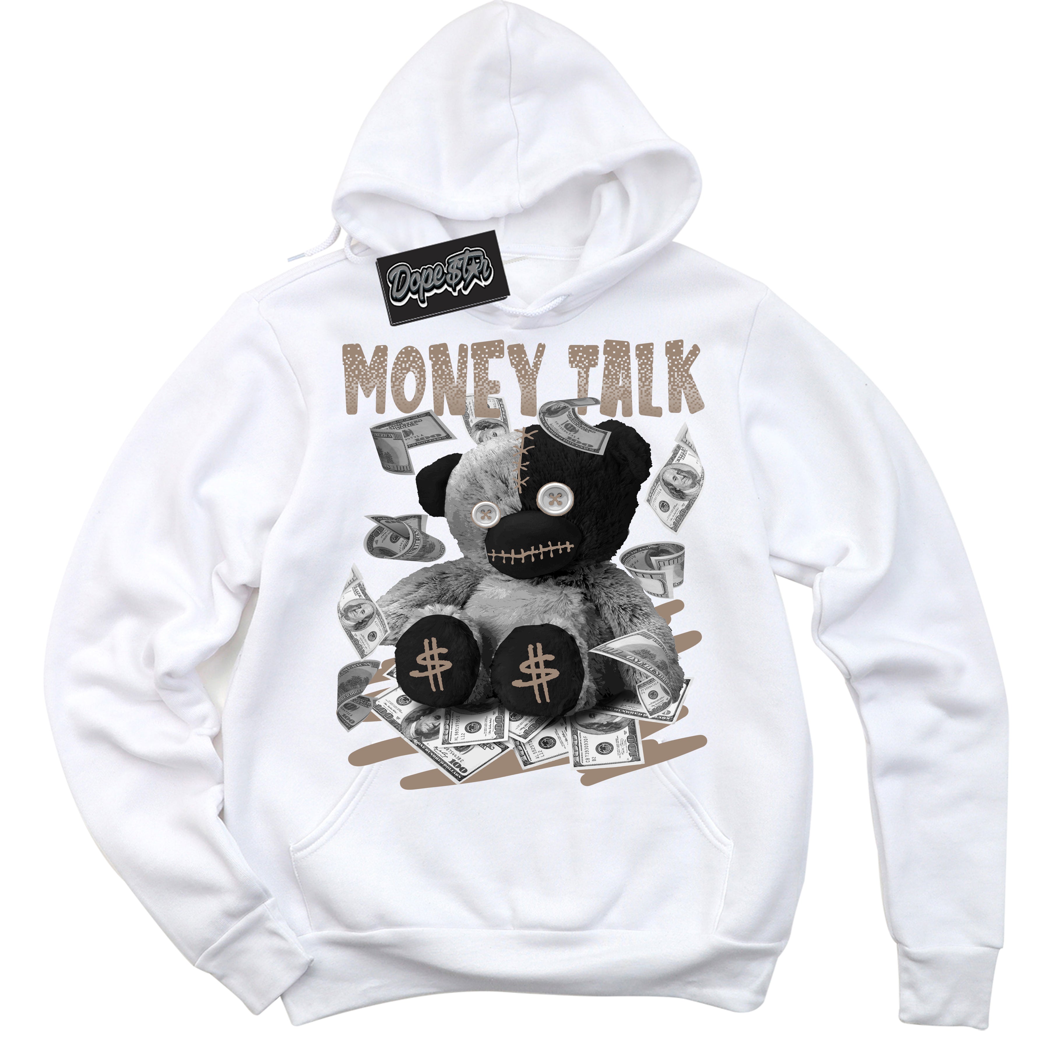 Cool White Hoodie with “ Money Talk Bear ” design that Perfectly Matches Latte 1s Sneakers.