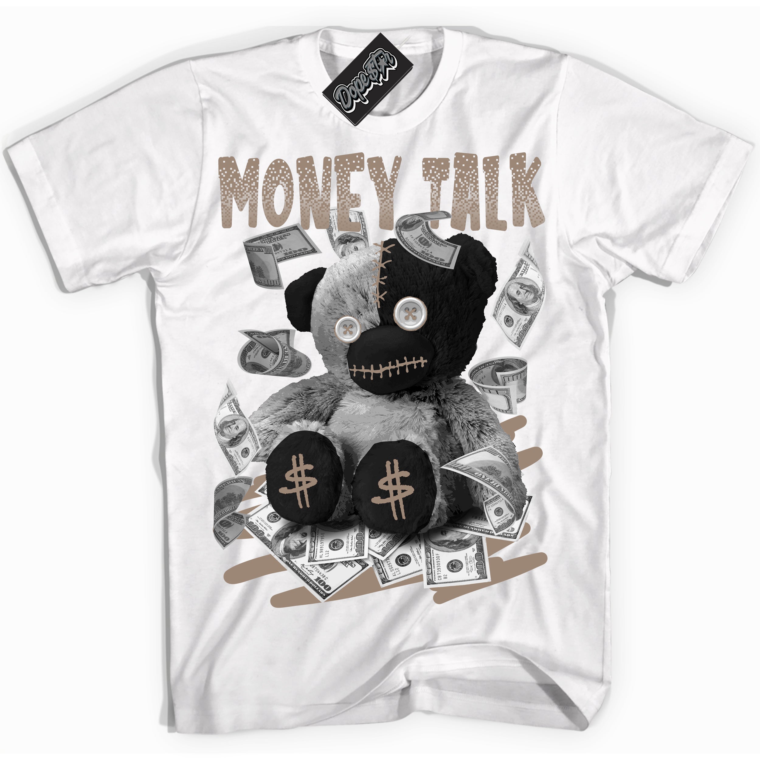 Cool White Shirt with “ Money Talk Bear ” design that perfectly matches Latte 1s Sneakers.