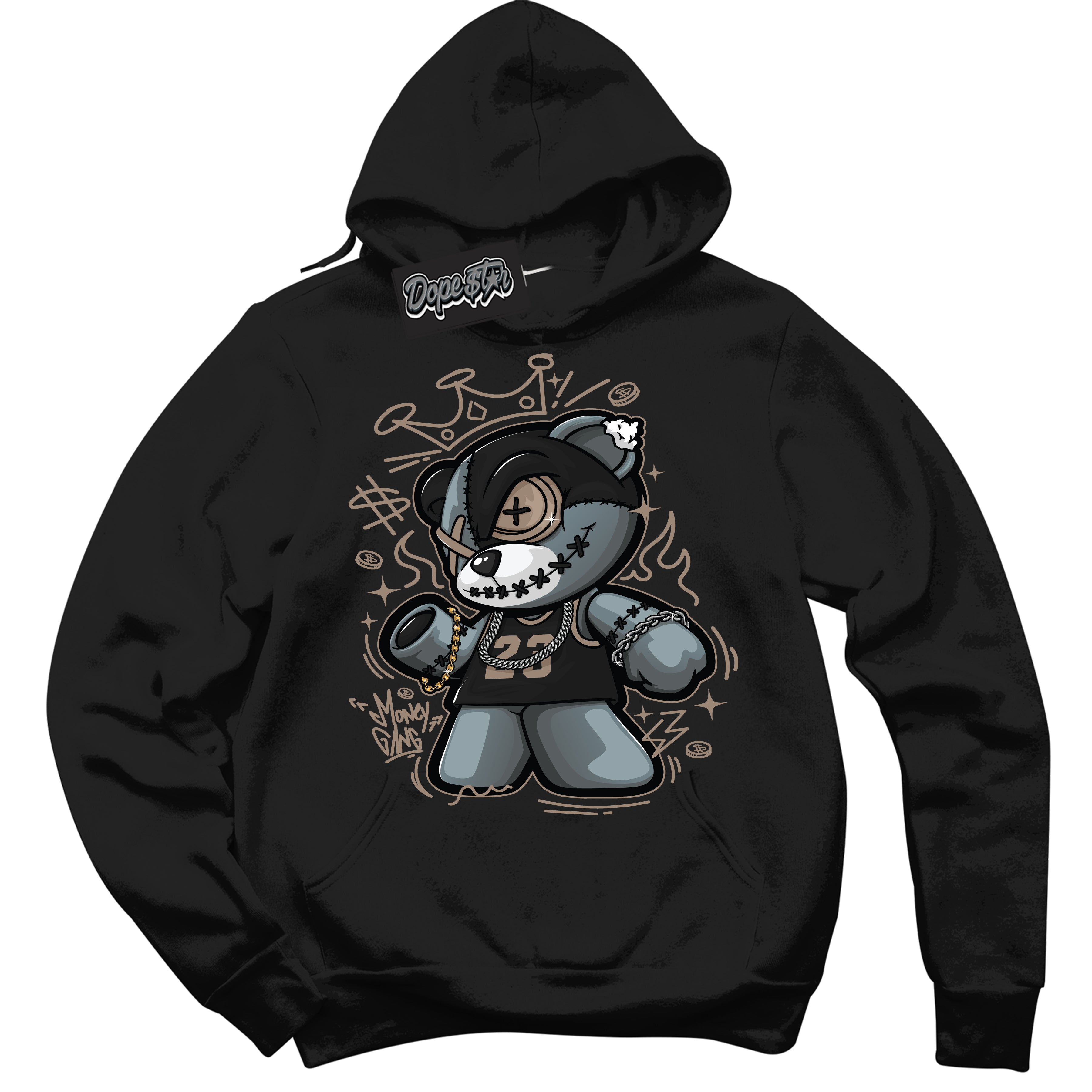 Cool Black Hoodie with “ Money Gang Bear ” design that Perfectly Matches Latte 1s Sneakers.