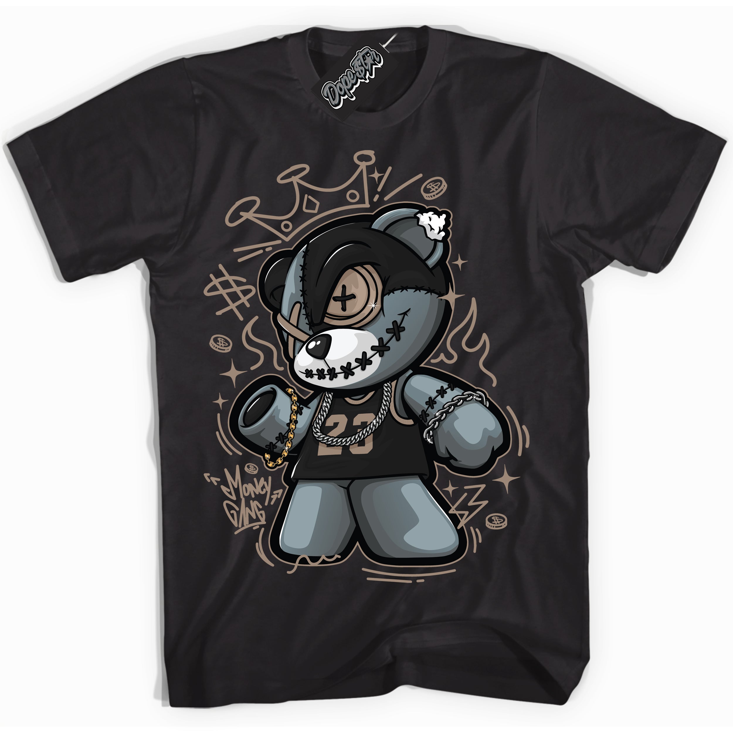 Cool Black Shirt with “ Money Gang Bear ” design that perfectly matches Latte 1s Sneakers.
