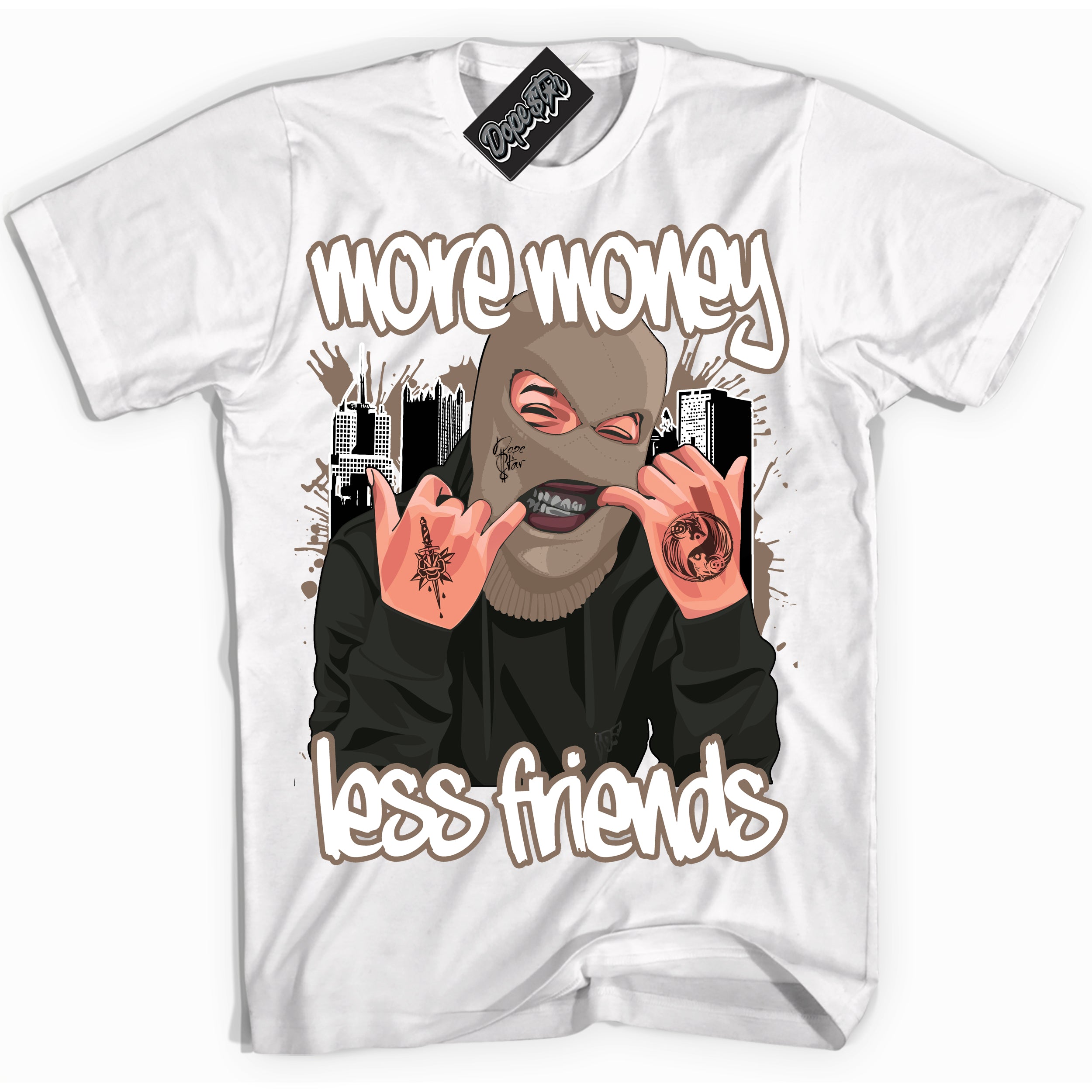 Cool White Shirt with “ More Money Less Friends ” design that perfectly matches Latte 1s Sneakers.