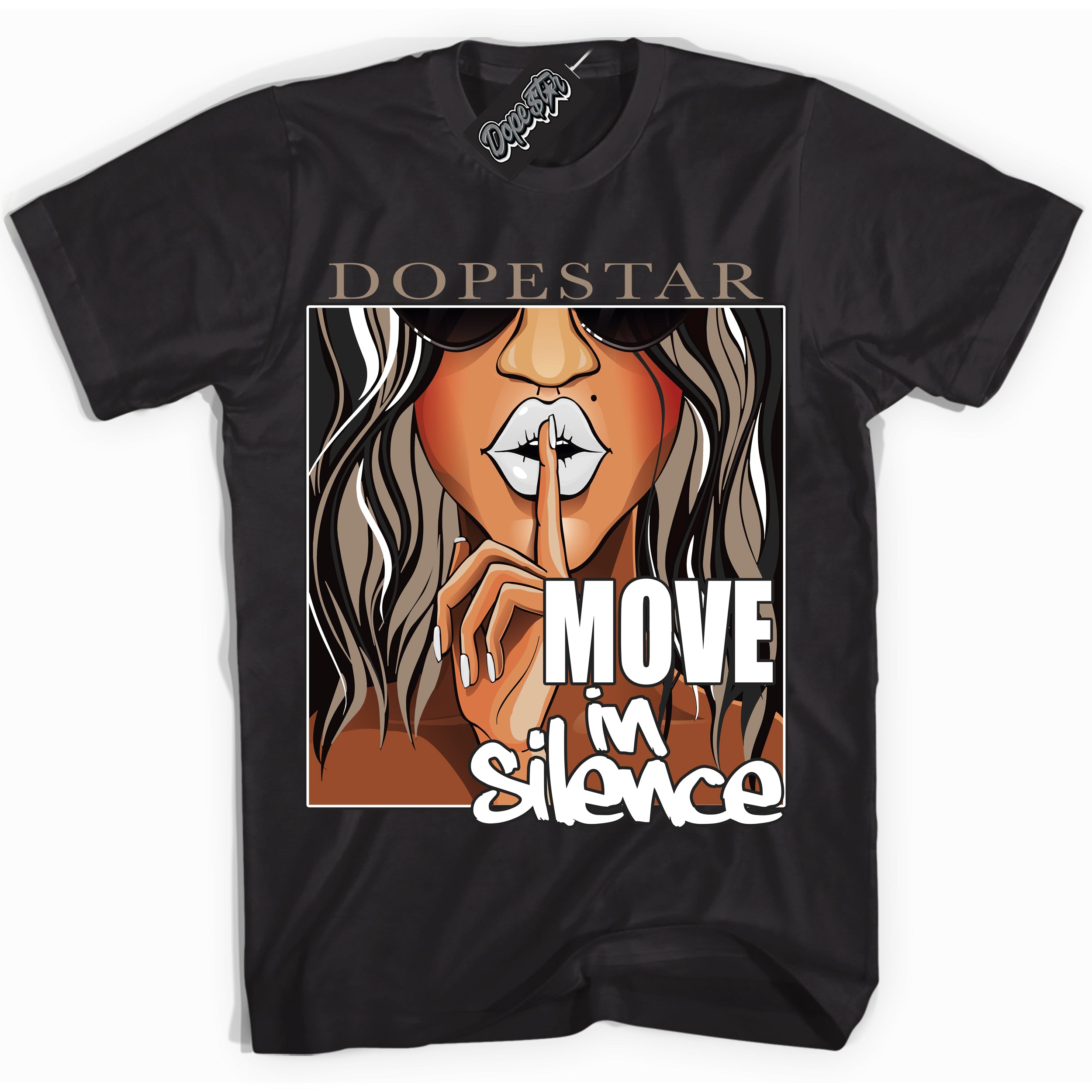Cool Black Shirt with “ Move In Silence ” design that perfectly matches Latte 1s Sneakers.