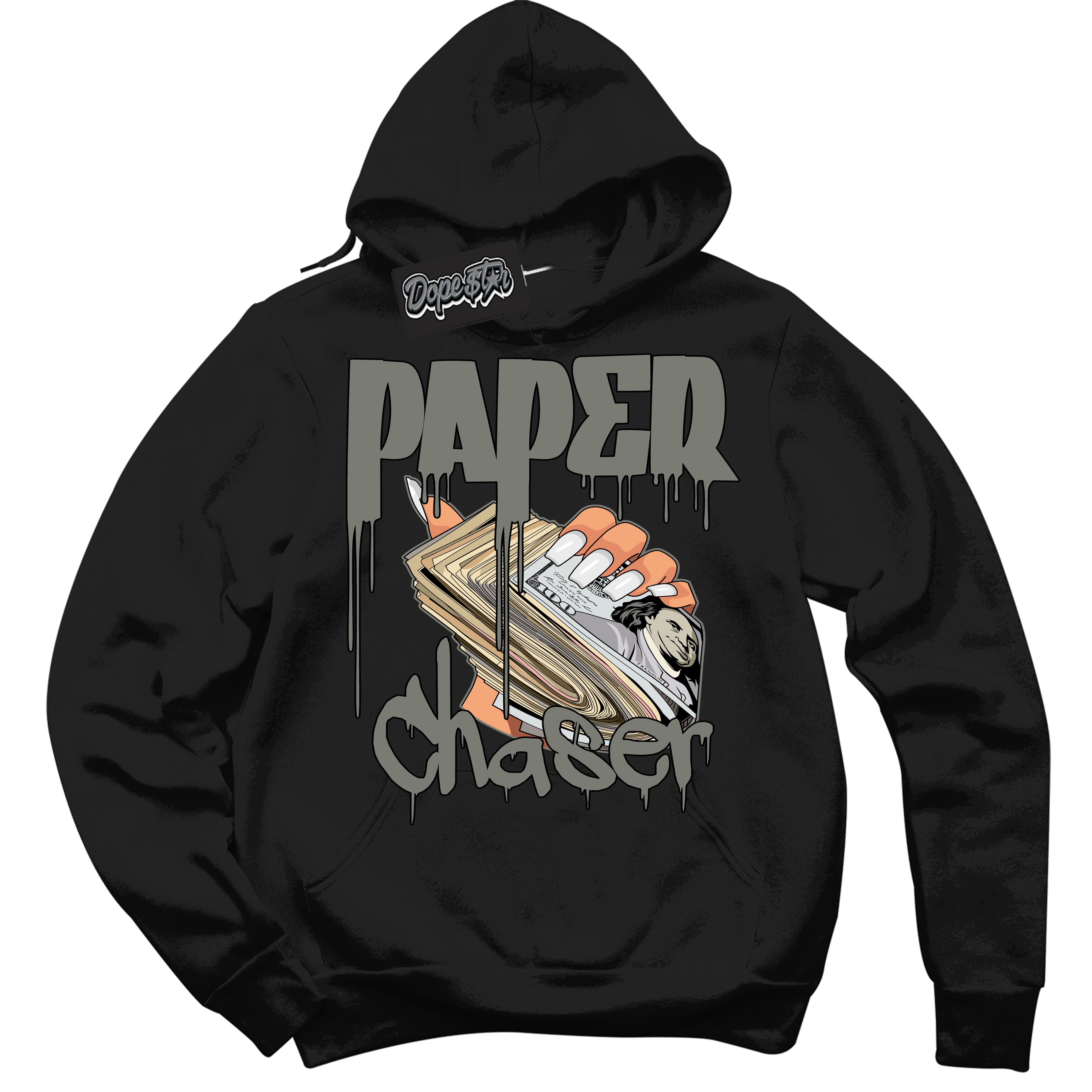 Cool Black Hoodie with “ Paper Chaser ” design that Perfectly Matches Latte 1s Sneakers.