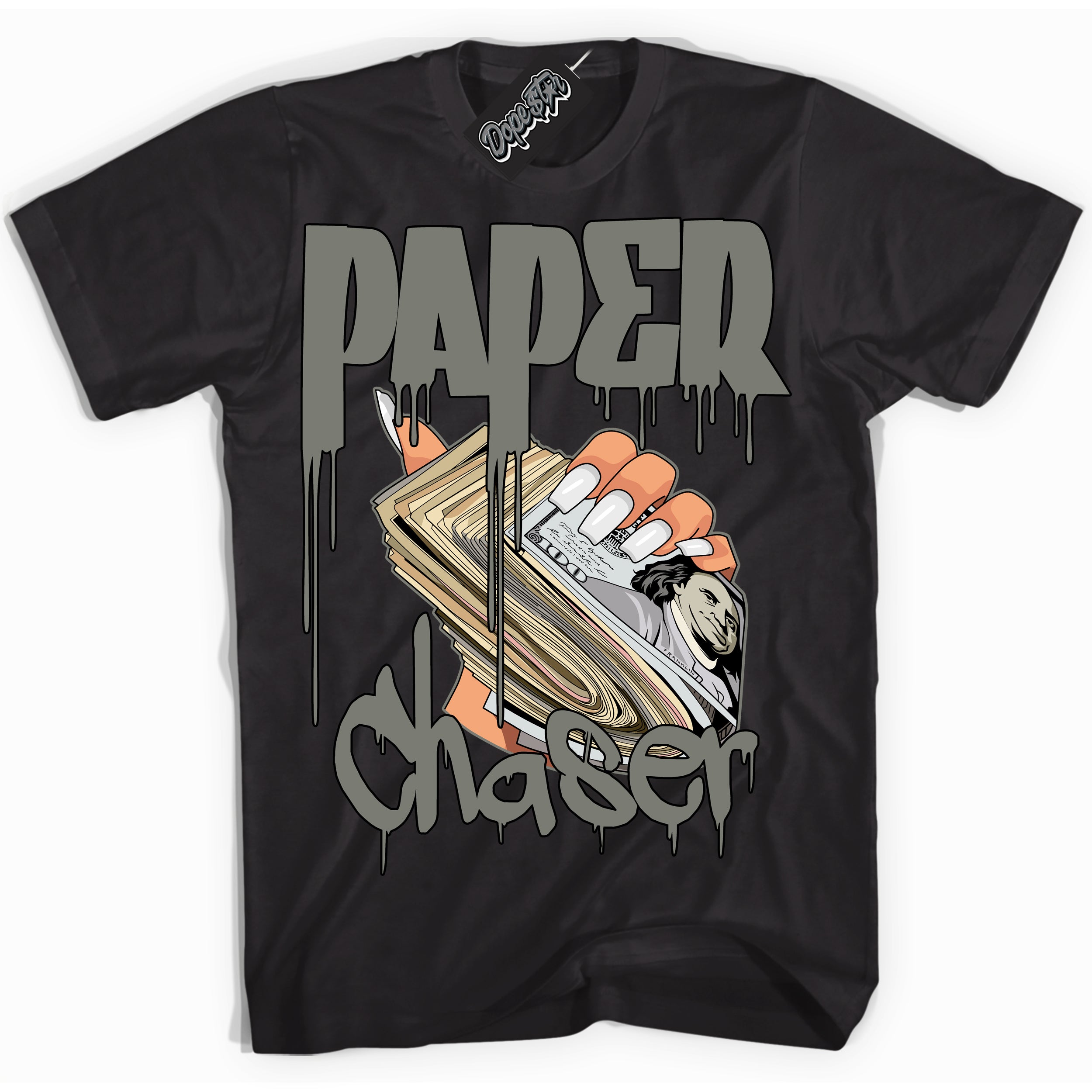 Cool Black Shirt with “ Paper Chaser ” design that perfectly matches Latte 1s Sneakers.
