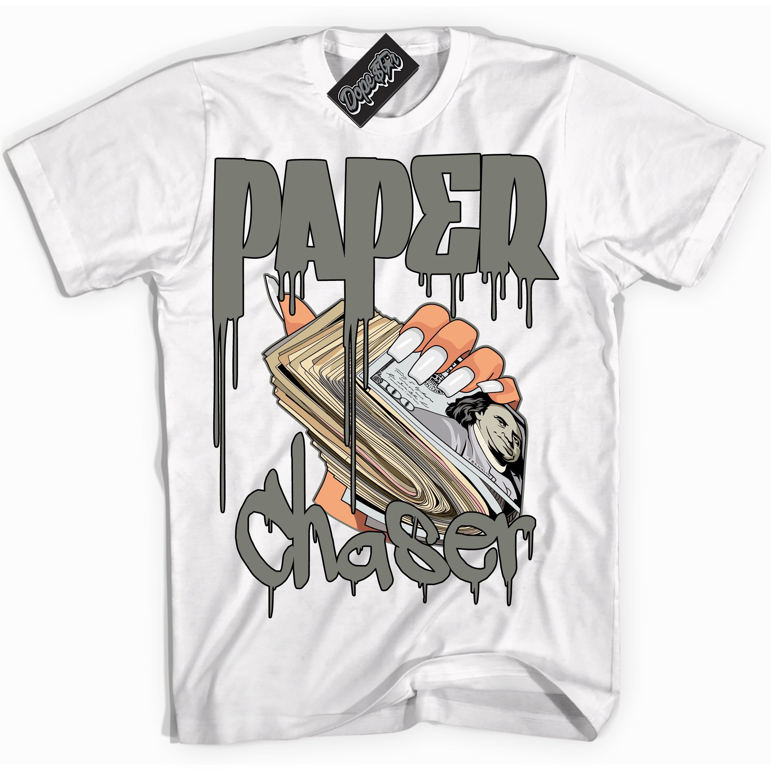 Cool White Shirt with “ Paper Chaser ” design that perfectly matches Latte 1s Sneakers.