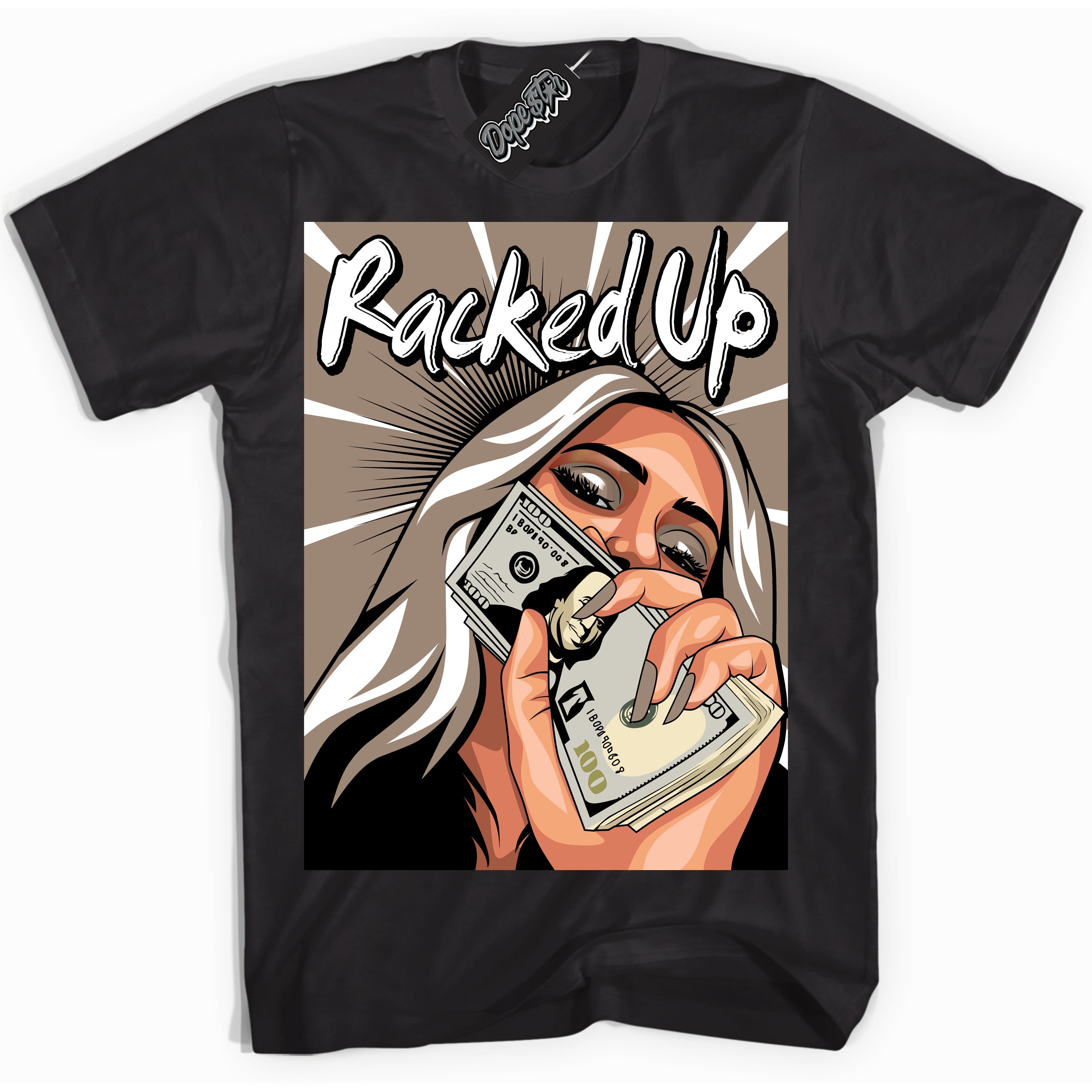 Cool Black Shirt with “ Racked Up ” design that perfectly matches Latte 1s Sneakers.