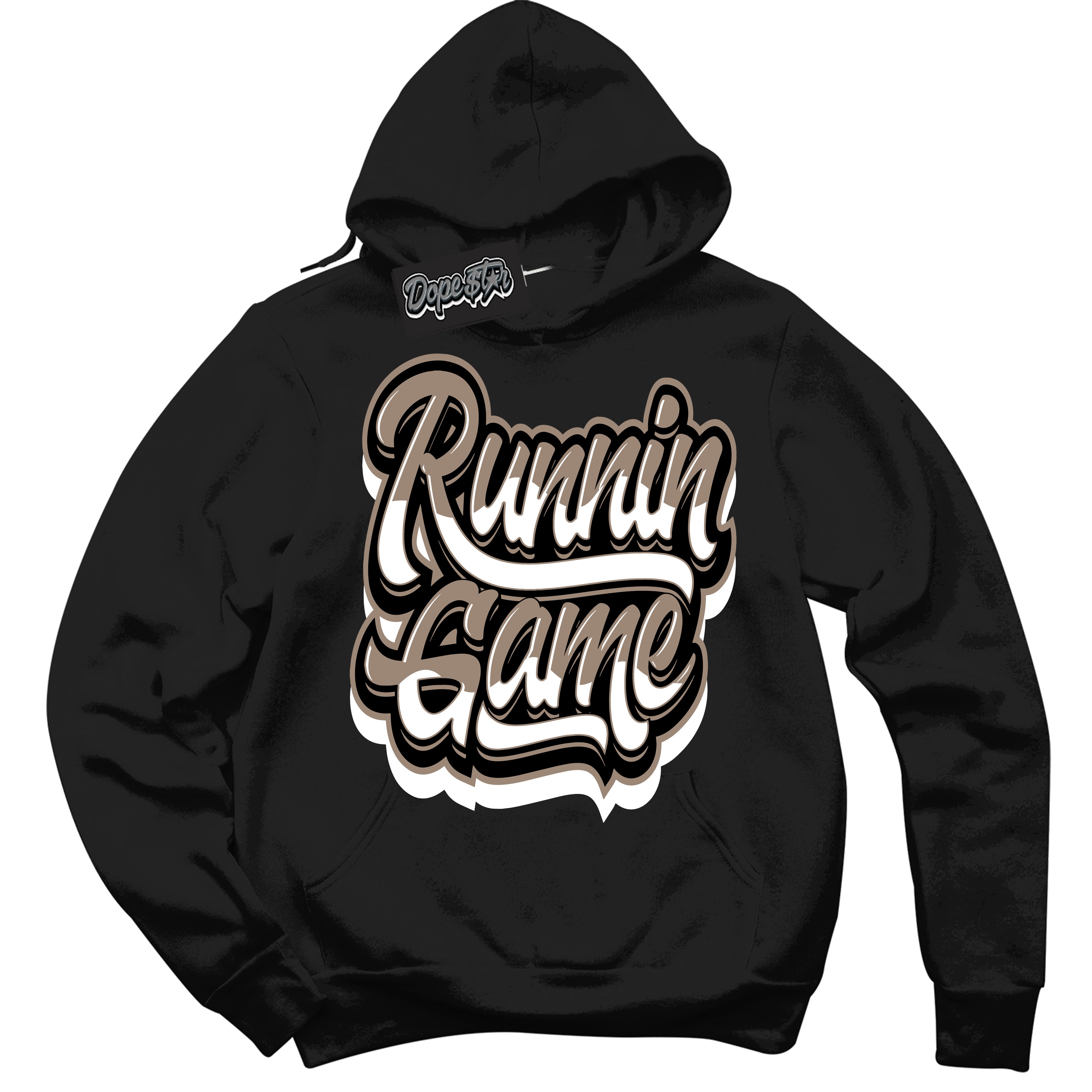 Cool Black Hoodie with “ Running Game ” design that Perfectly Matches Latte 1s Sneakers.