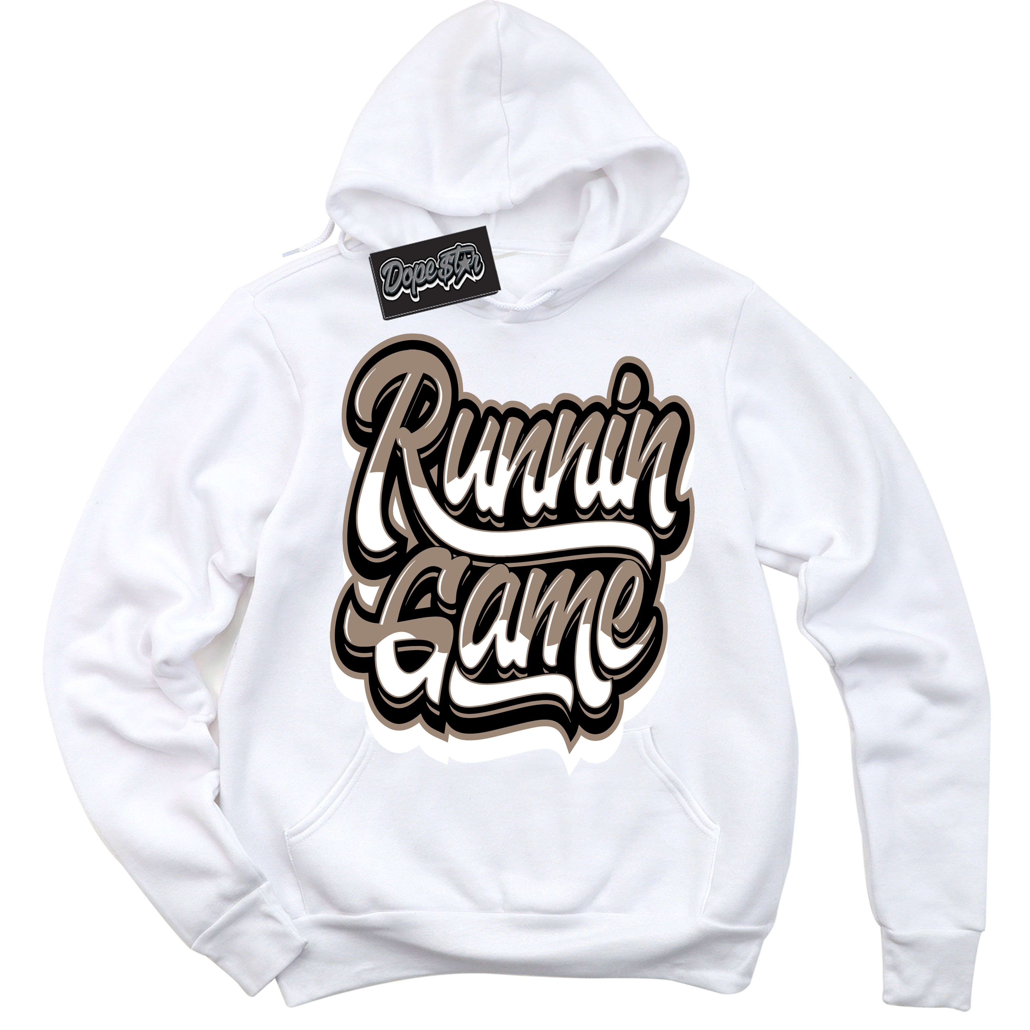 Cool White Hoodie with “ Running Game ” design that Perfectly Matches Latte 1s Sneakers.
