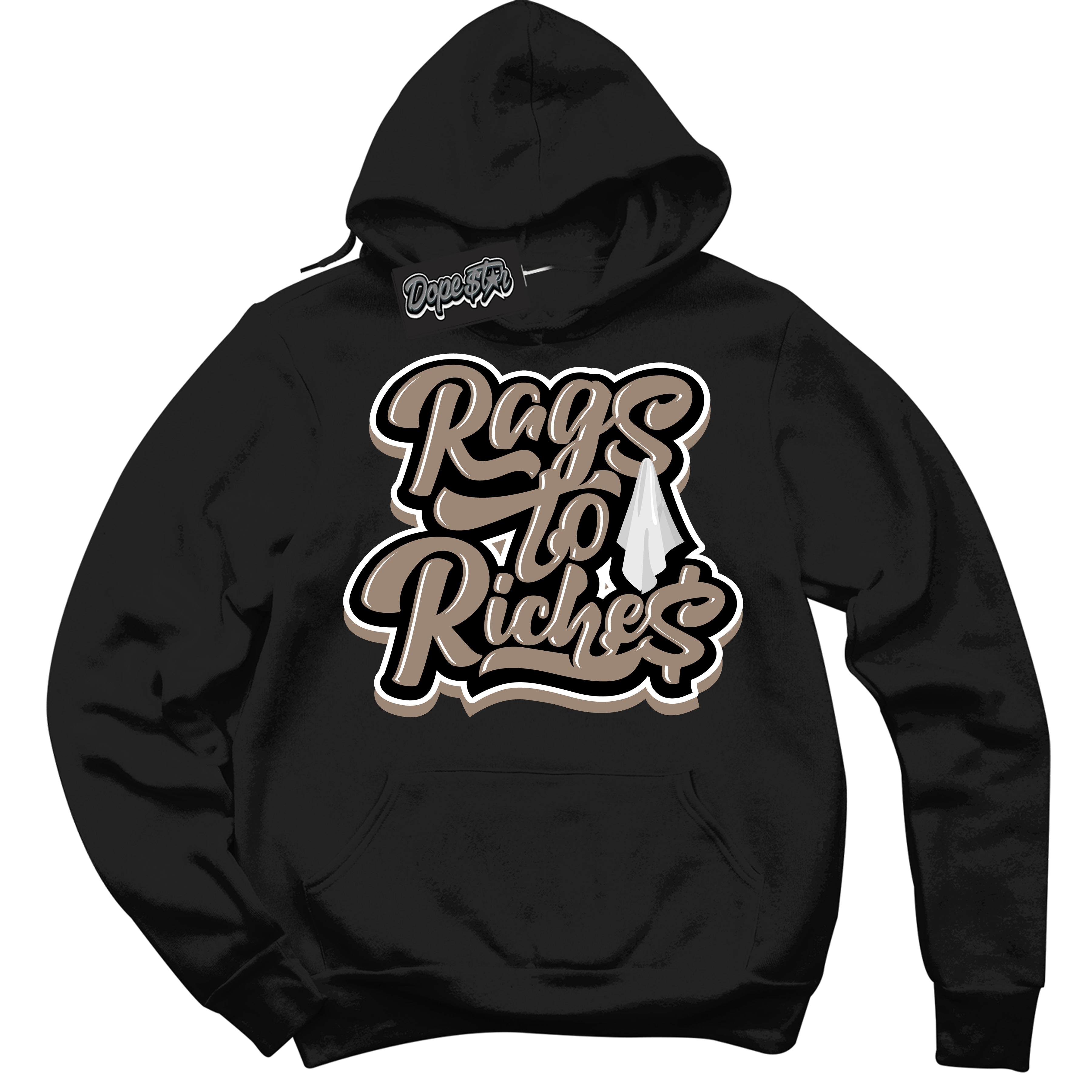 Cool Black Hoodie with “ Rags To Riches ” design that Perfectly Matches Latte 1s Sneakers.