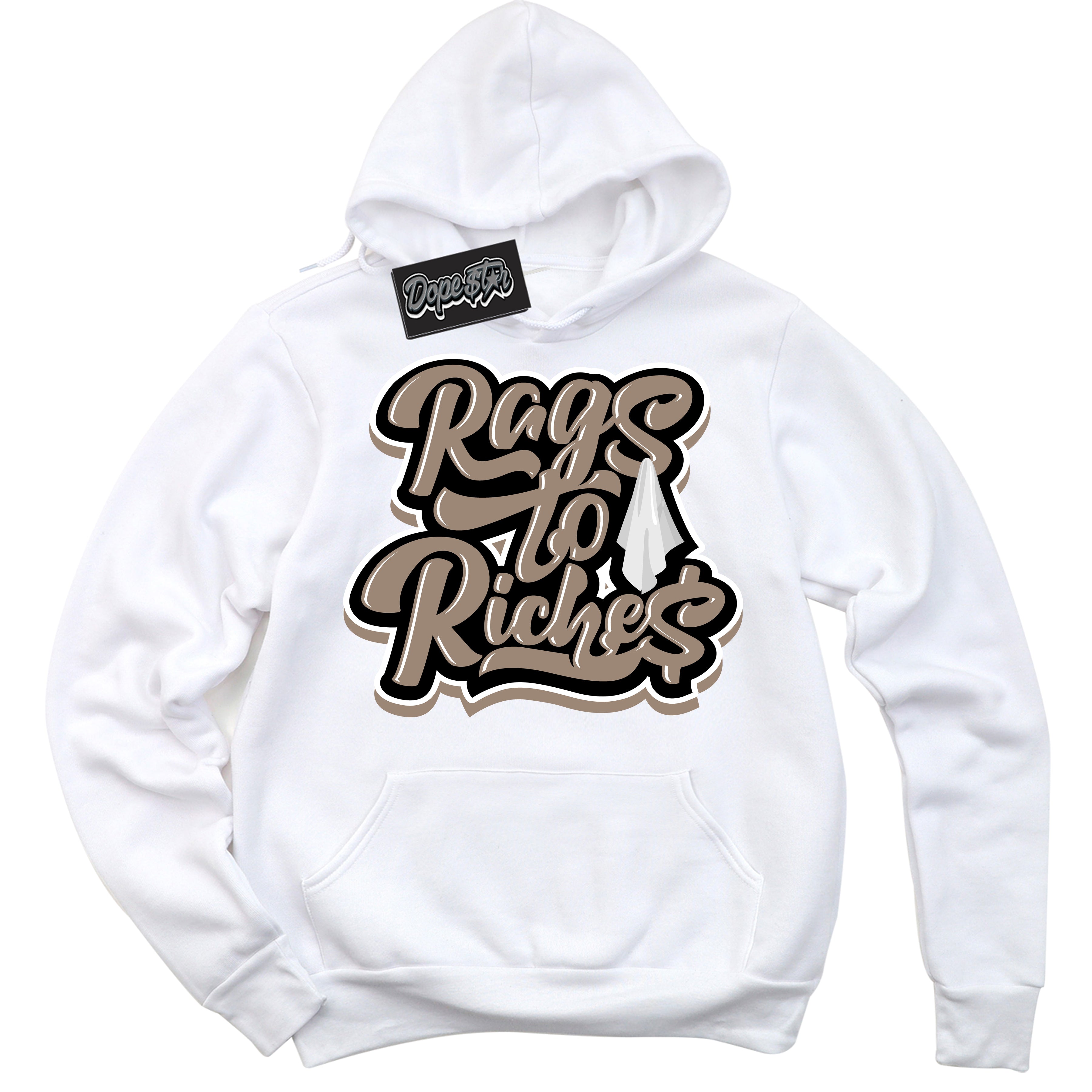 Cool White Hoodie with “ Rags To Riches ” design that Perfectly Matches Latte 1s Sneakers.