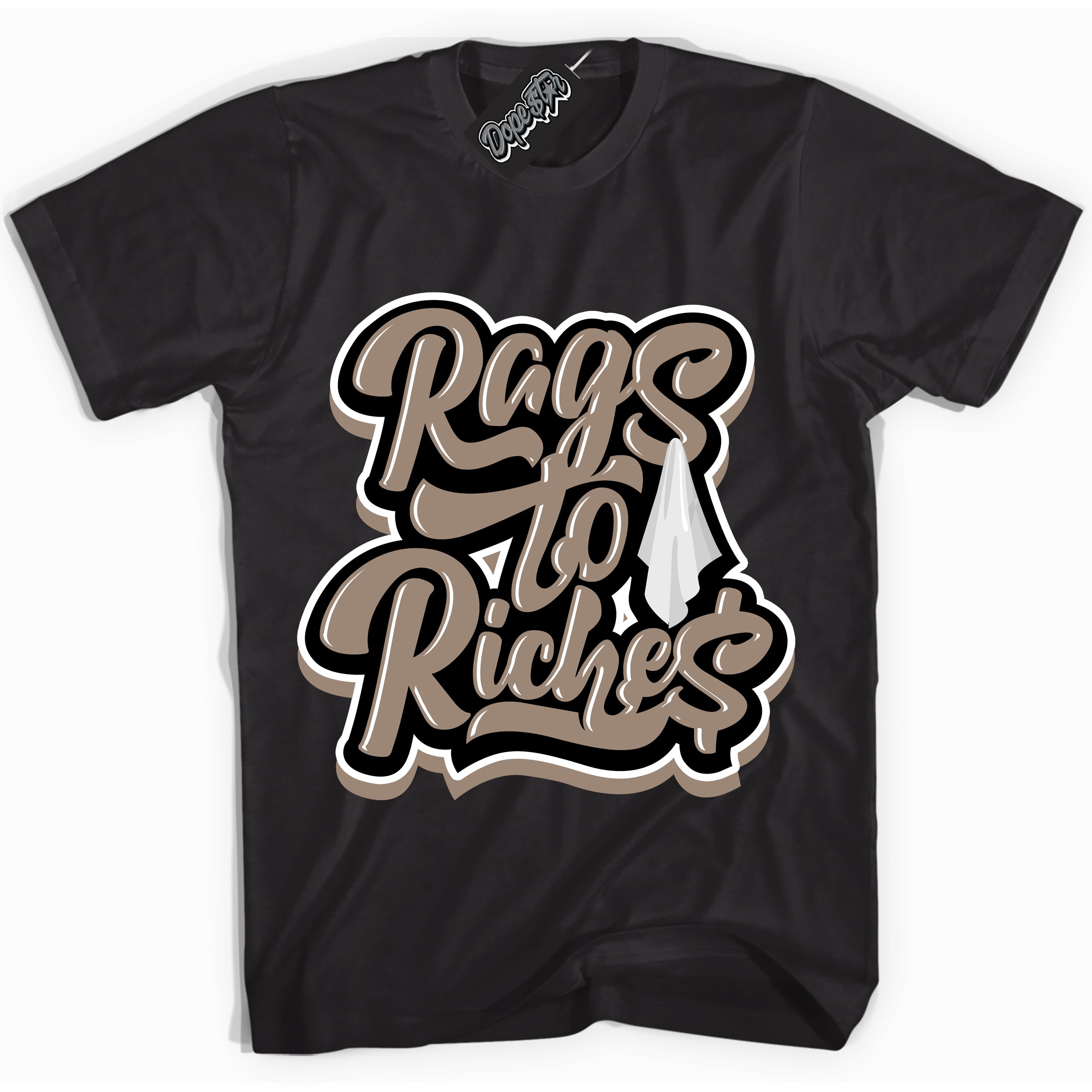 Cool Black Shirt with “ Rags To Riches ” design that perfectly matches Latte 1s Sneakers.